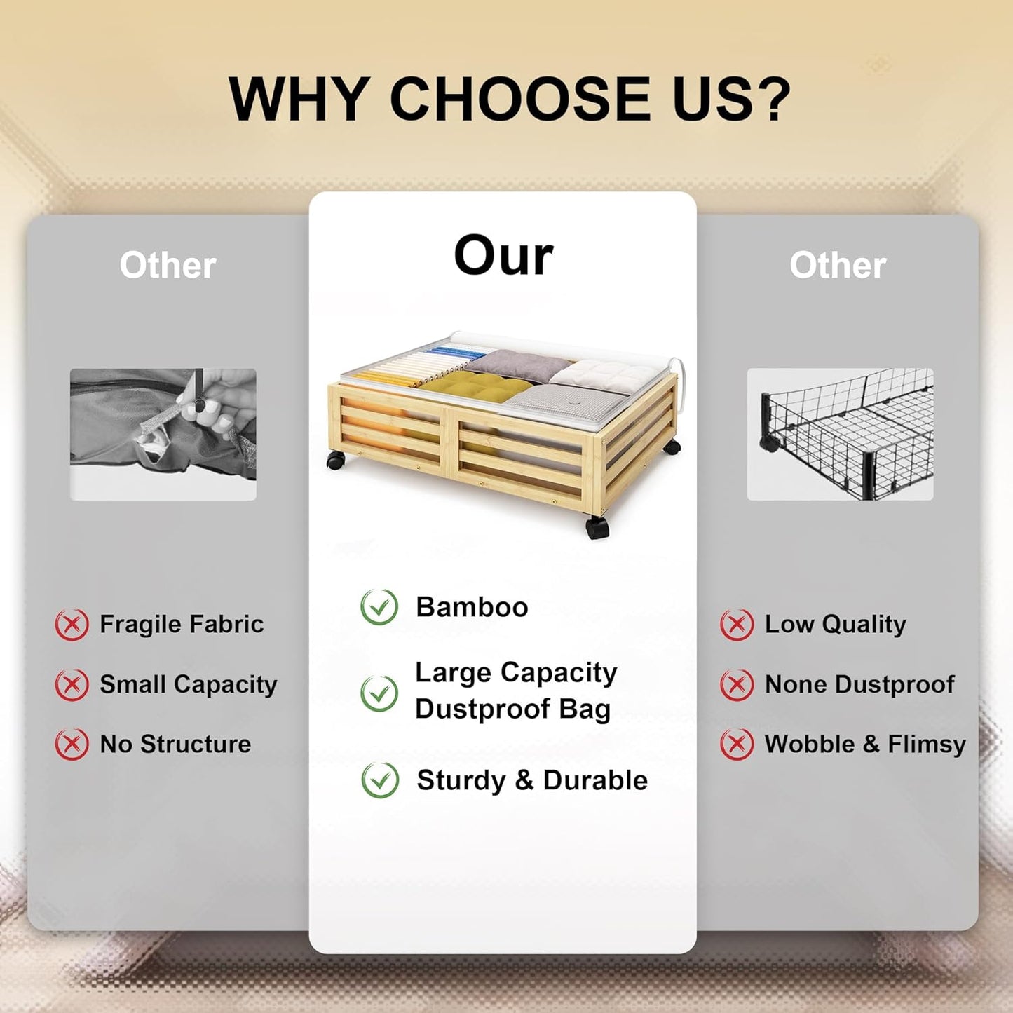 Under Bed Storage with Wheels-Large Bamboo Underbed storage Containers with Large Dust Bag Stackable Under the Bed Shoe Storage Bins for Clothes Books Bedding (2 Packs Nature, 23.62"L×16.54"W× 6.51"H)