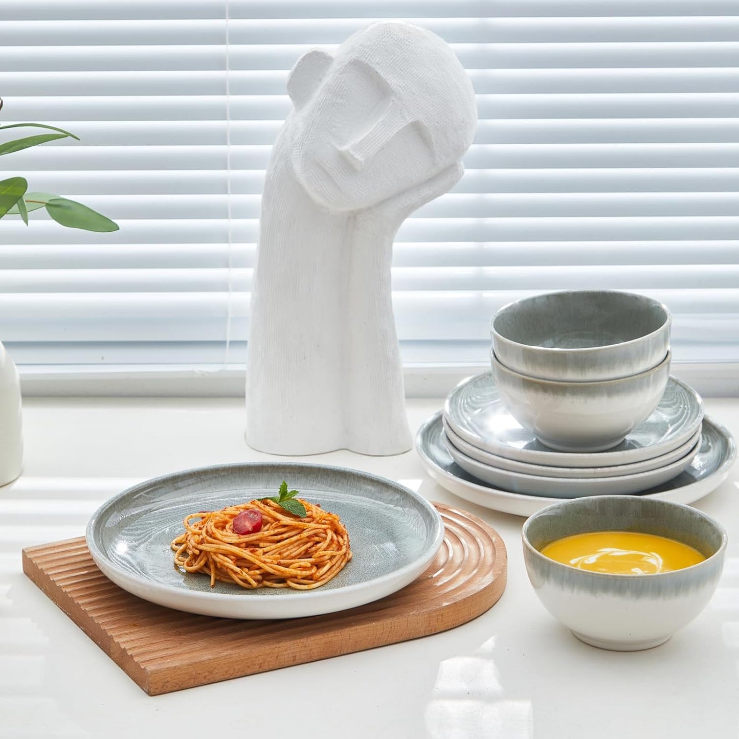 Gradient Green Stoneware Dinnerware Sets, 12 pcs Reactive Glaze Plates and Bowls Sets, Handmade Ceramic Round Dishes Set for 4, Highly Chip and Crack Resistant Modern Plate Set