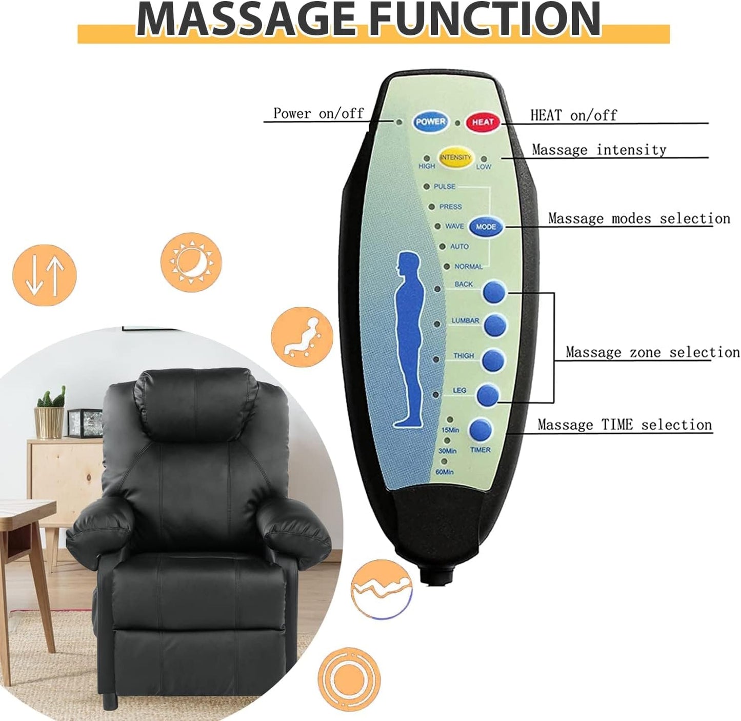 KCREAM Massage Recliner Chairs with Heat,PU Leather Overstuffed Recliner Chairs Living Room Chairs for Adults with Side Pockets,Padded Backrest and Thick Seat Cushion,Home Theater,Black