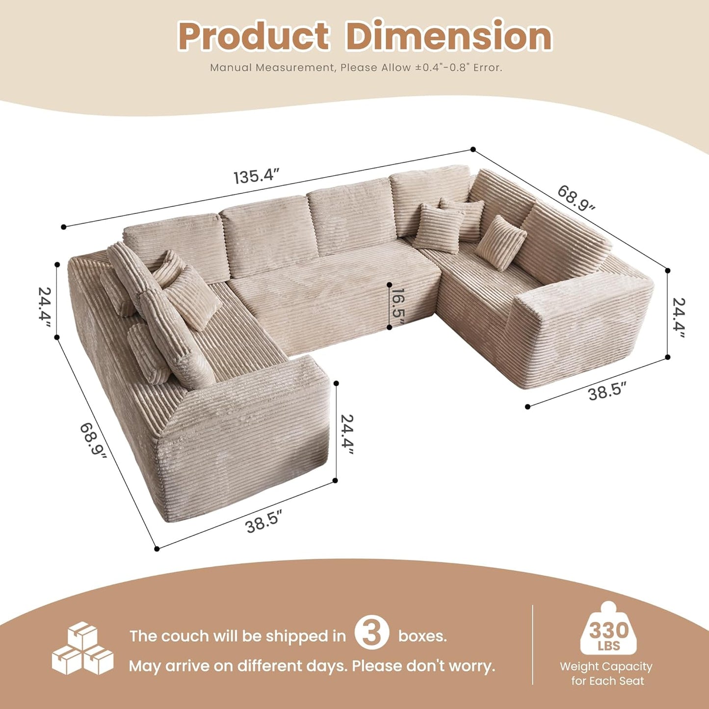 HOOOWOOO Cloud Sectional Couches for Living Room,Modular Sectional Sofa No Assembly,136X70 Inch Plush Corduroy Large U Shaped Floor Couch Set with Deep Seat(Beige)