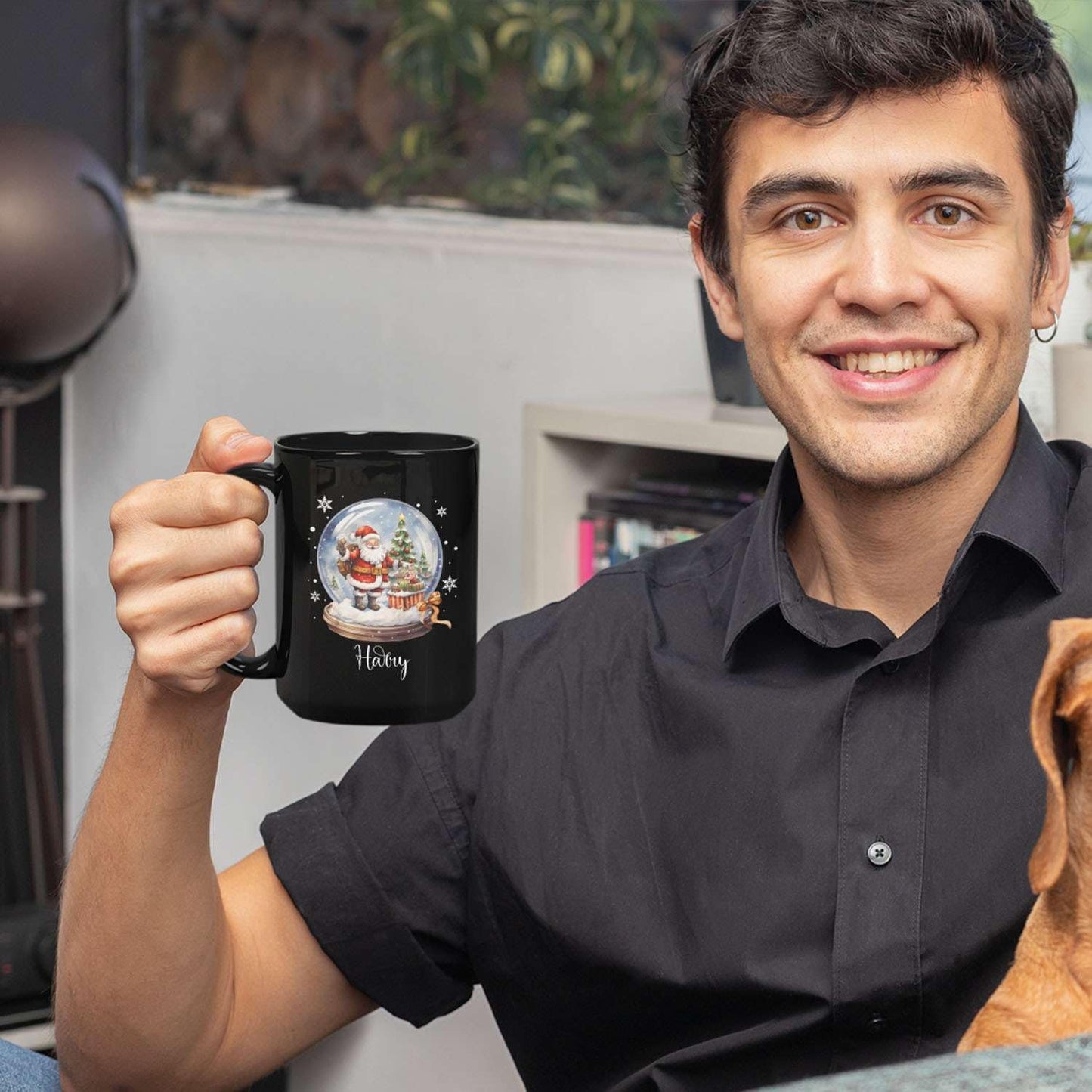 Custom Snow Ball Design Mug With Name, Personalized Black Cup 11oz 15oz, Snow Ball With Santa Claus And Christmas Tree Inside Design, Customized Christmas Themed Coffee Cup