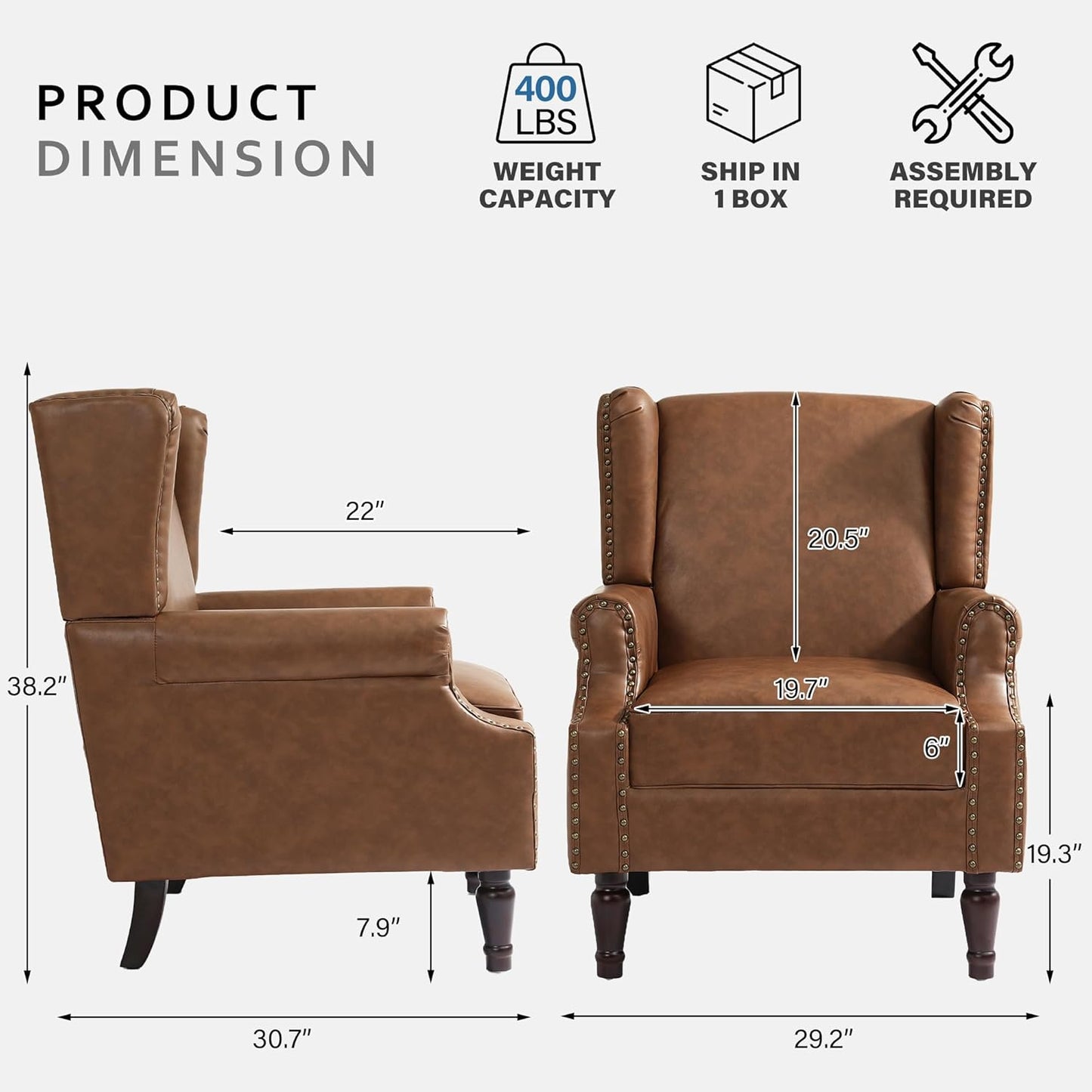 Accent Chair, Faux Leather High Back Armchair or Living Room, Comfy Upholstered Single Sofa Reading Chair with Solid Wood Legs for Office, Bedroom, Waiting Room-Brown