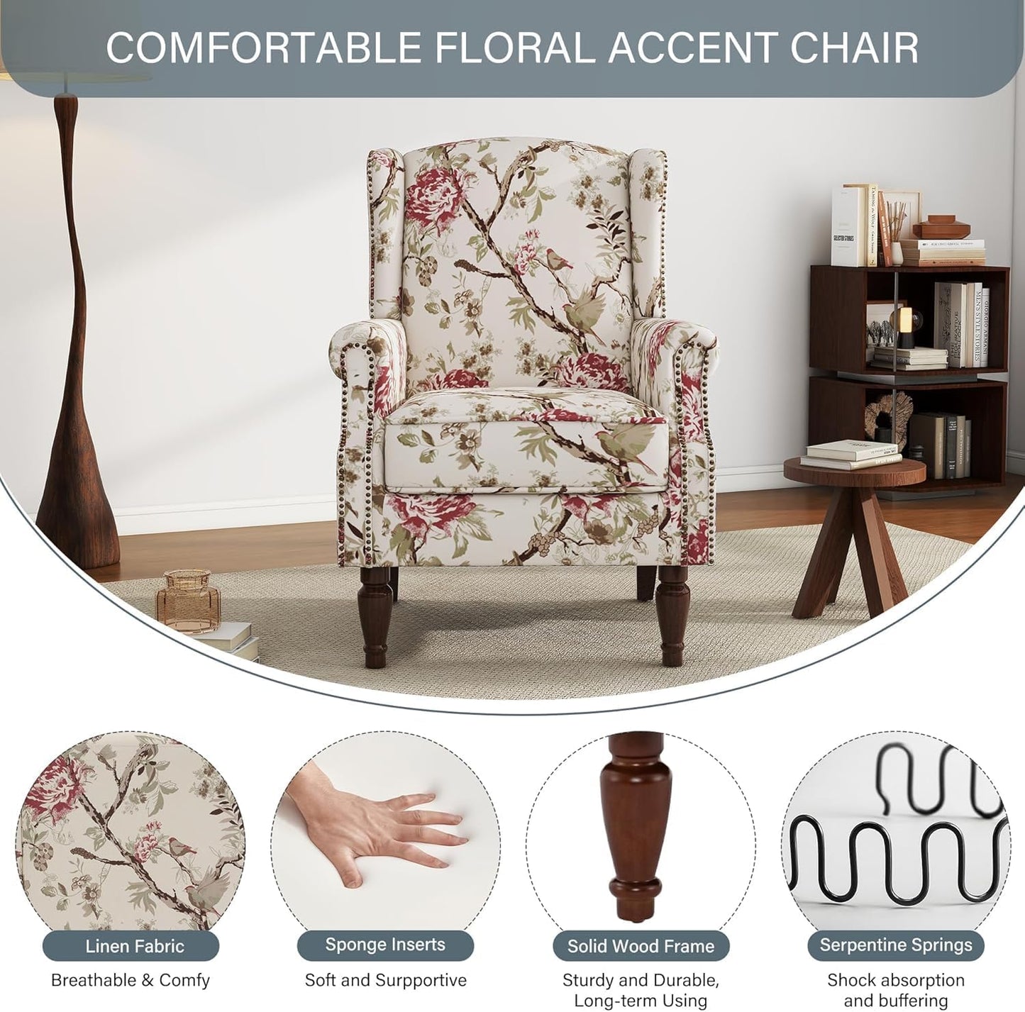 UIXE High Back Accent Chair, Wingback Upholstered Armchair in Fabric for Living Room, Retro Arm Chairs Nailhead Trim Single Sofa Bedroom Reading Seat with Solid Wood Legs - Beige Floral
