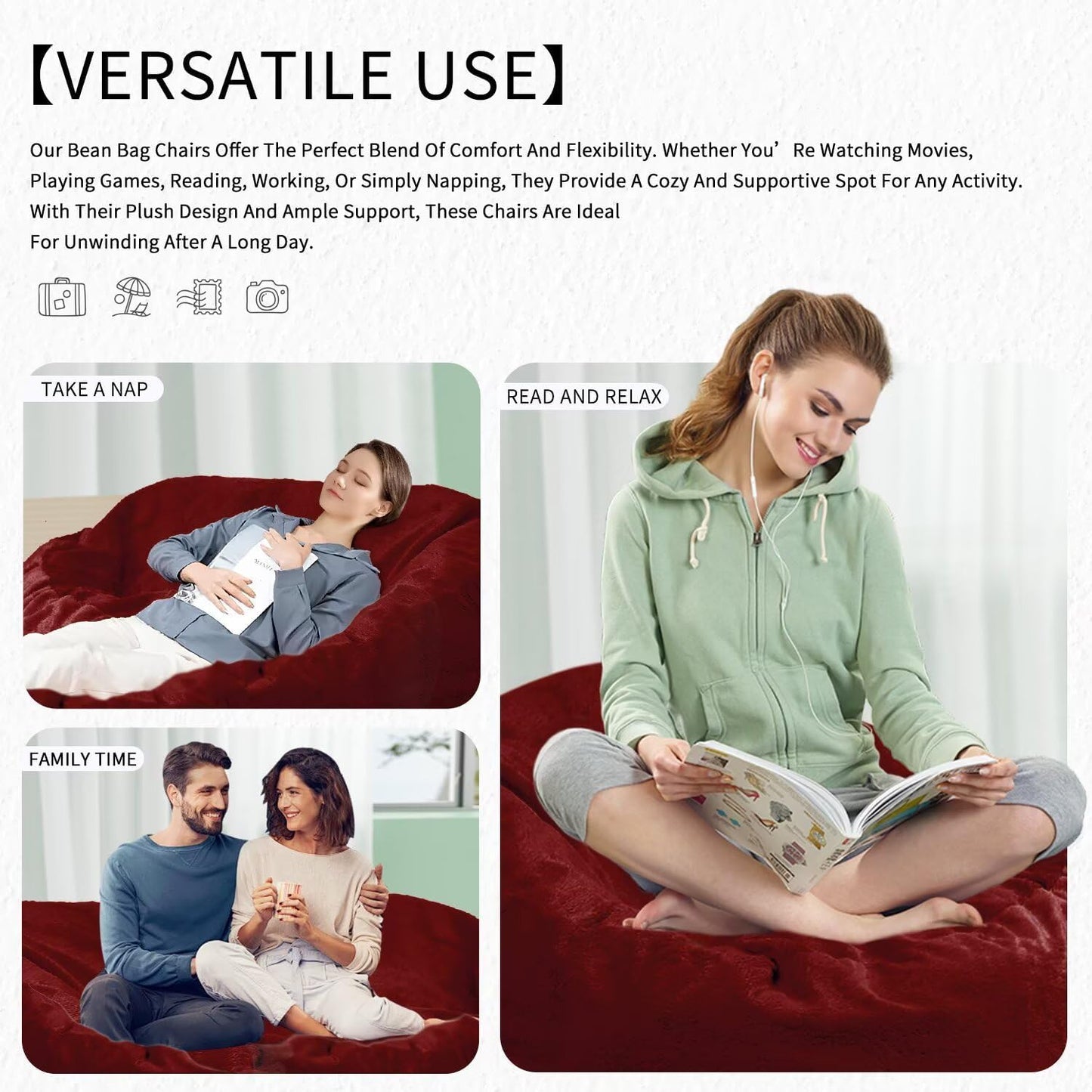 Bean Bag Chair for Adults 5FT,Soft Removable Cover for Teens/Girls Bedroom,Fluffy Giant Round Floor Beanbag Lounger Chairs (No Filler,Claret)