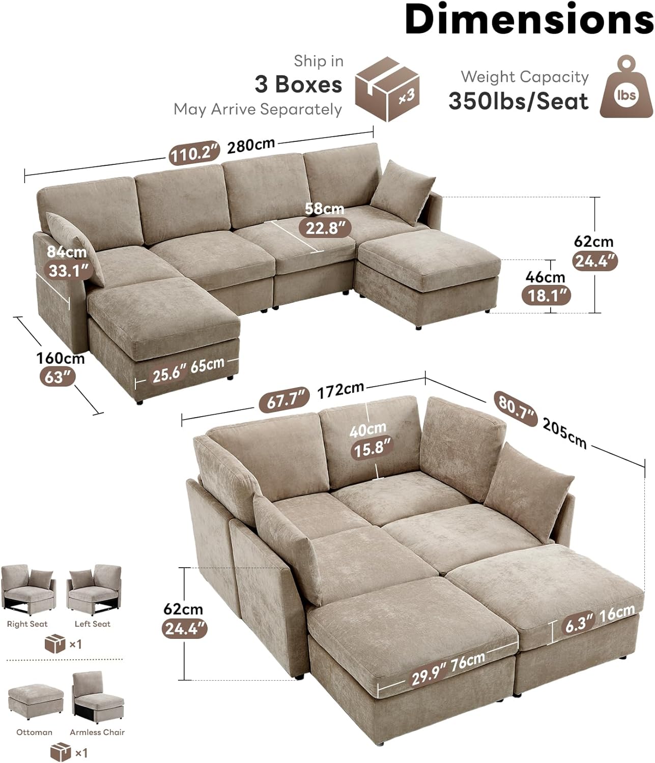 Tbfit U Shaped Couch, Sectional Sofa for Living Room,Chenille Cloud Couch with Ottoman 6 Seat, Khaki
