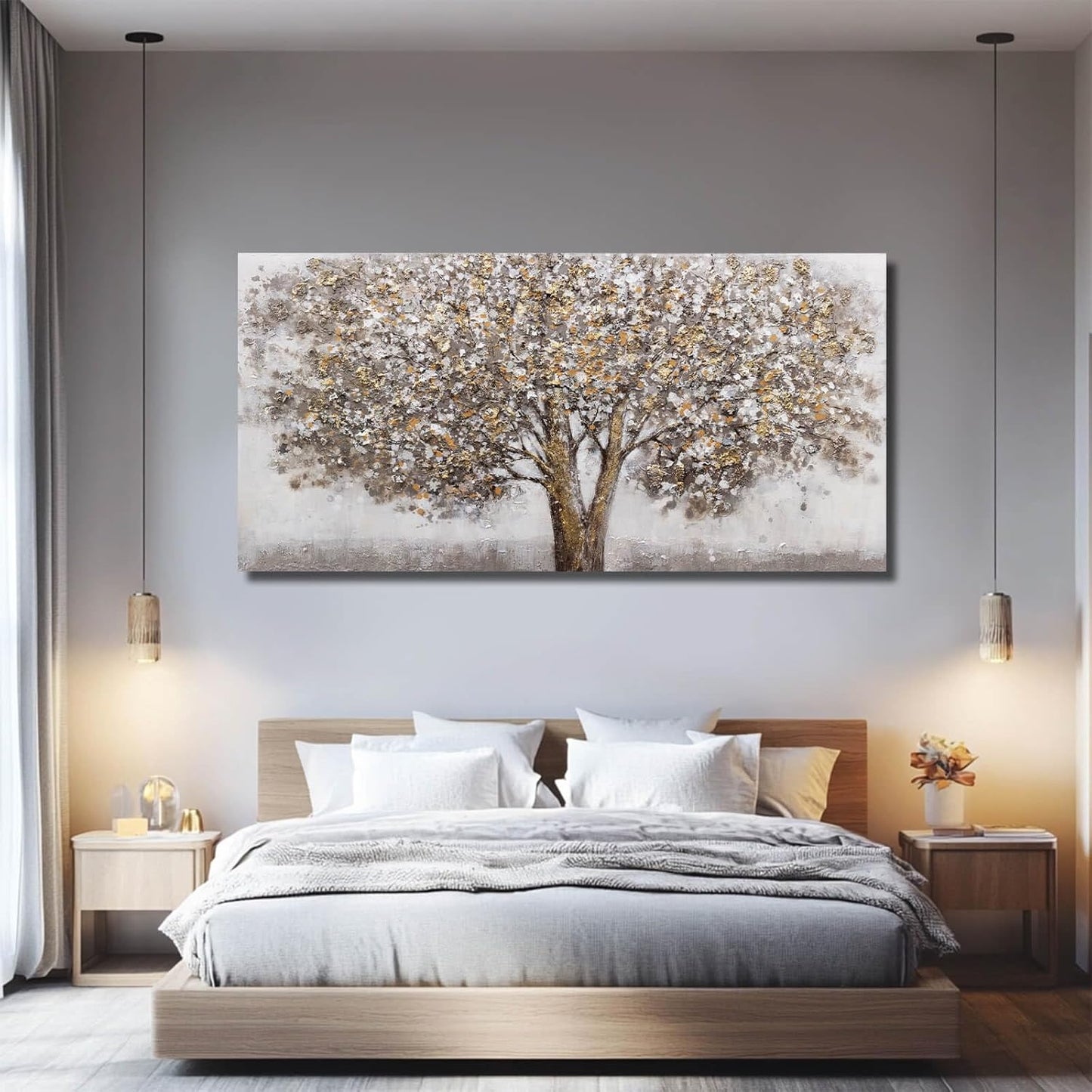 CHUDANHAO Large Canvas Wall Art Decorative Paintings Grey Room Decor Gold Tree Picture Scenery Artwork for Living Room Bedroom Hotel 29"x58"