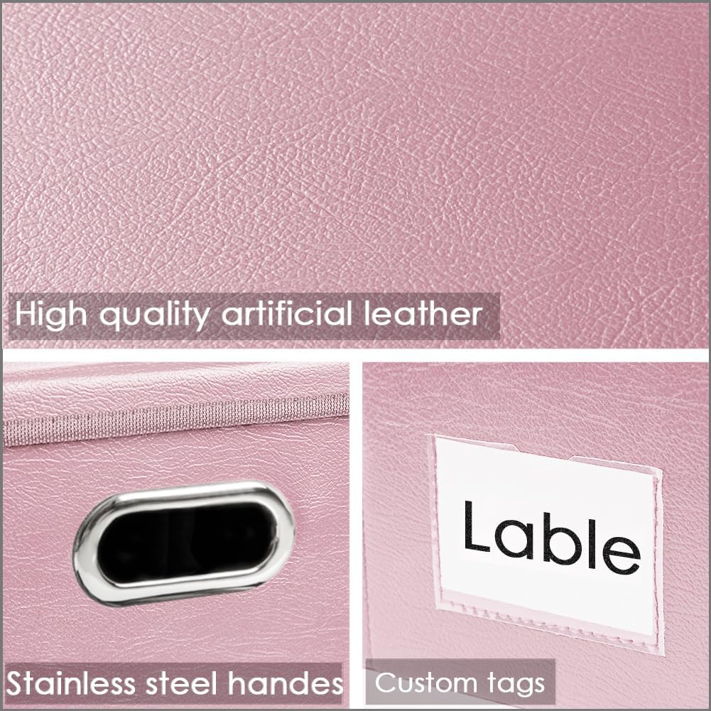 PRANDOM Collapsible Storage Box with Lid [3-Pack] Leather Fabric Foldable Storage Bin Organizer Container Basket Cube with Cover for Home Bedroom Closet Office Nursery Pink(13.6x9.6x6.9)