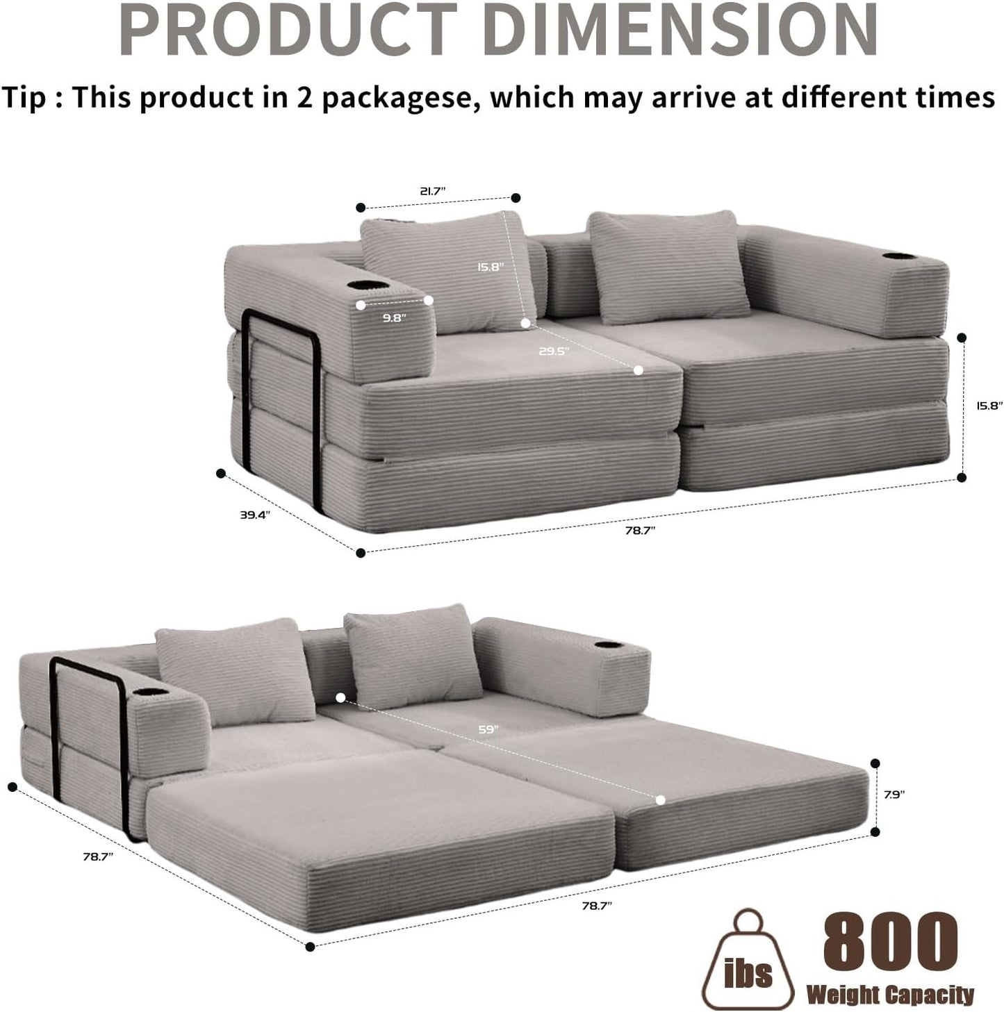 78" W Loveseat Sofa, 4 in 1 Convertible Floor Sofa Bed, Boneless Cloud Couch with Cup Holder, Fold Out Floor Couch, Loveseat Recliner Sleeper for Living Room Bedroom Lounge(Corduroy, White)