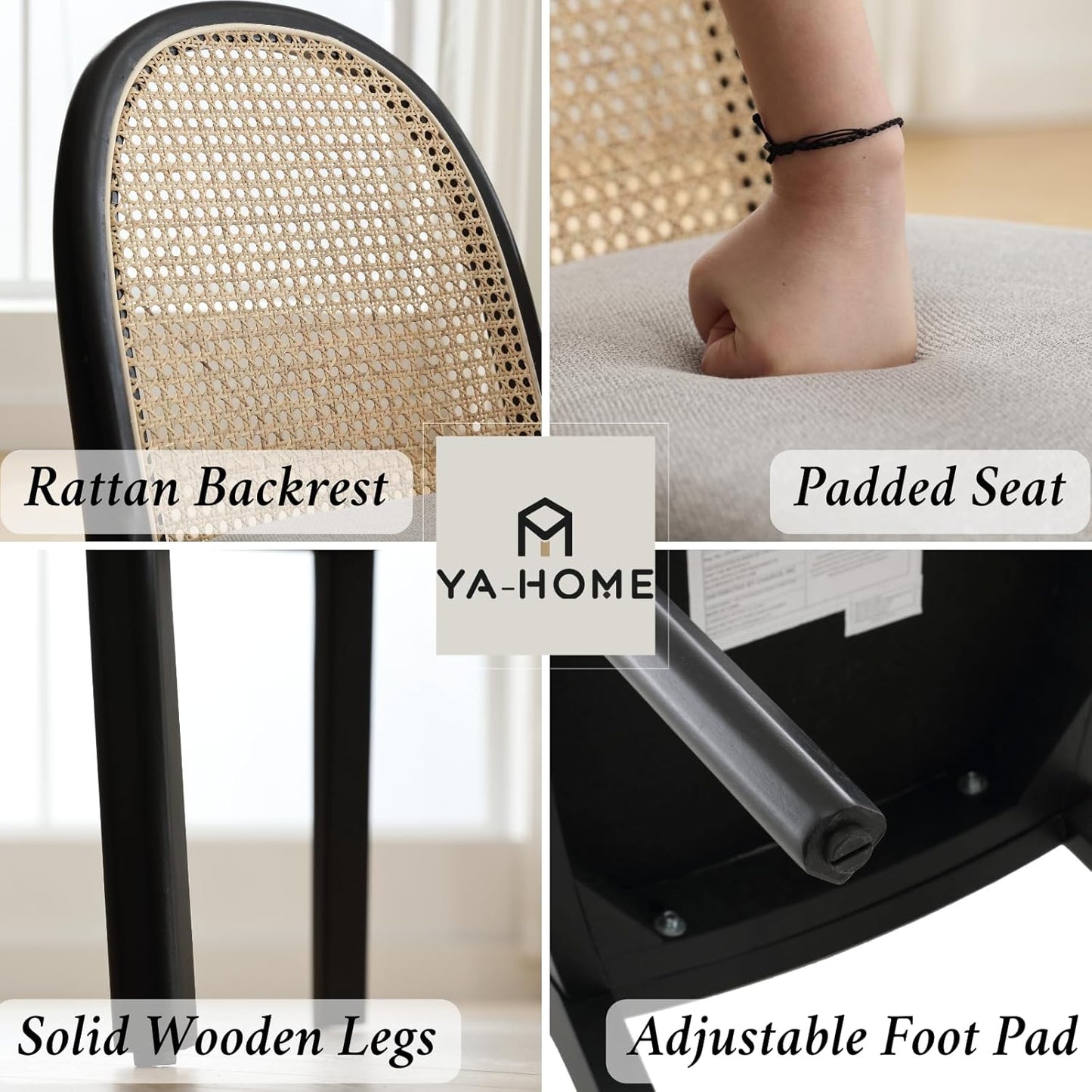 Mid Century Dining Chairs Set of 4, Accent Rattan Side Chairs Linen Fabric Kitchen Chair with Solid Wooden Legs for Living Room Dining Room, Grey