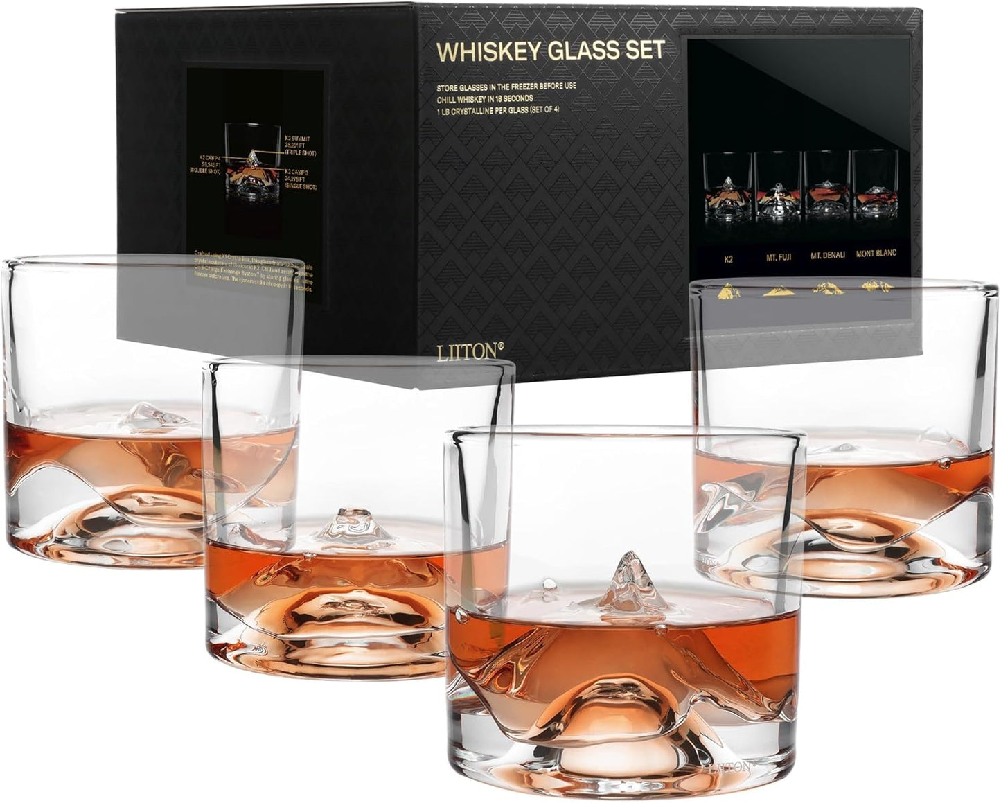 The Peaks Heavy Crystal Whiskey Glasses Gift Set of 4, Thick Freezable Bourbon Glass 1lb Each, Premium Whiskey Gifts for Men, Frozen Crystal Chills Cocktails, 10 oz