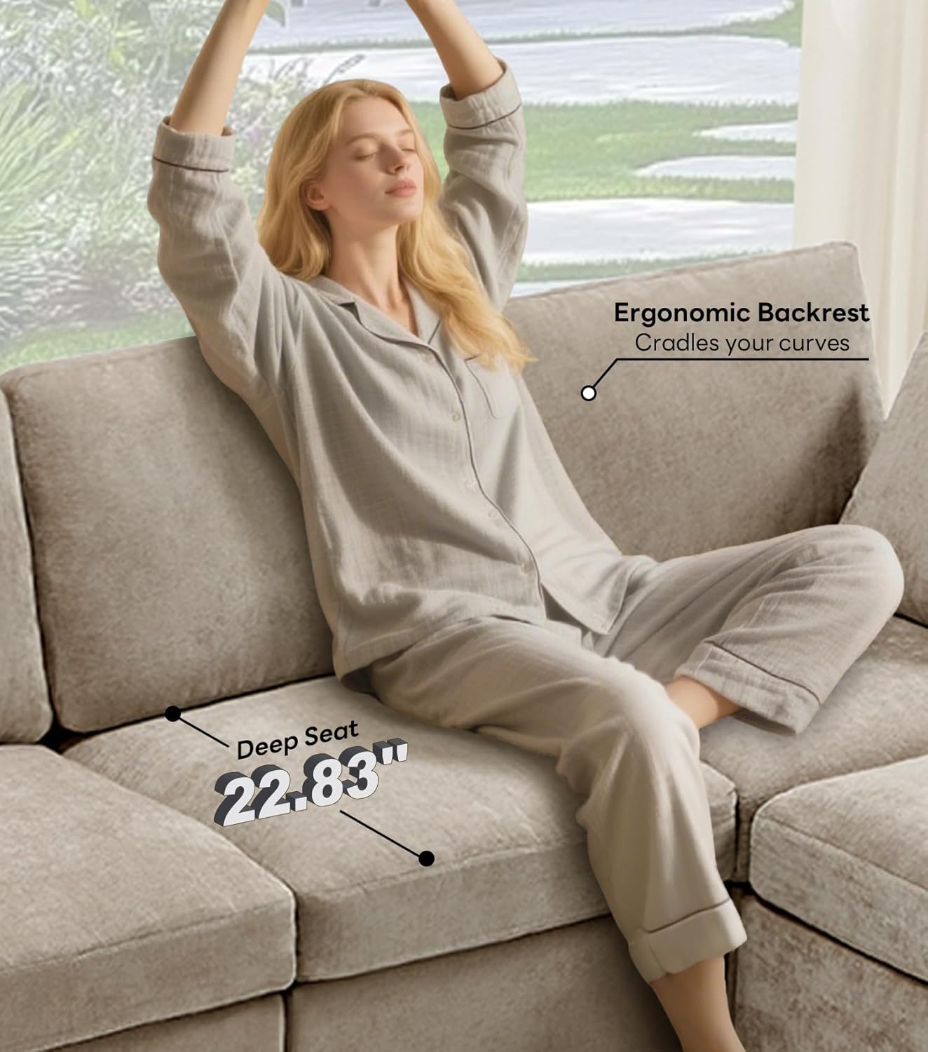 Tbfit U Shaped Couch 8 Seat, Sectional Sofa for Living Room,Chenille Cloud Couch with Ottoman, Khaki