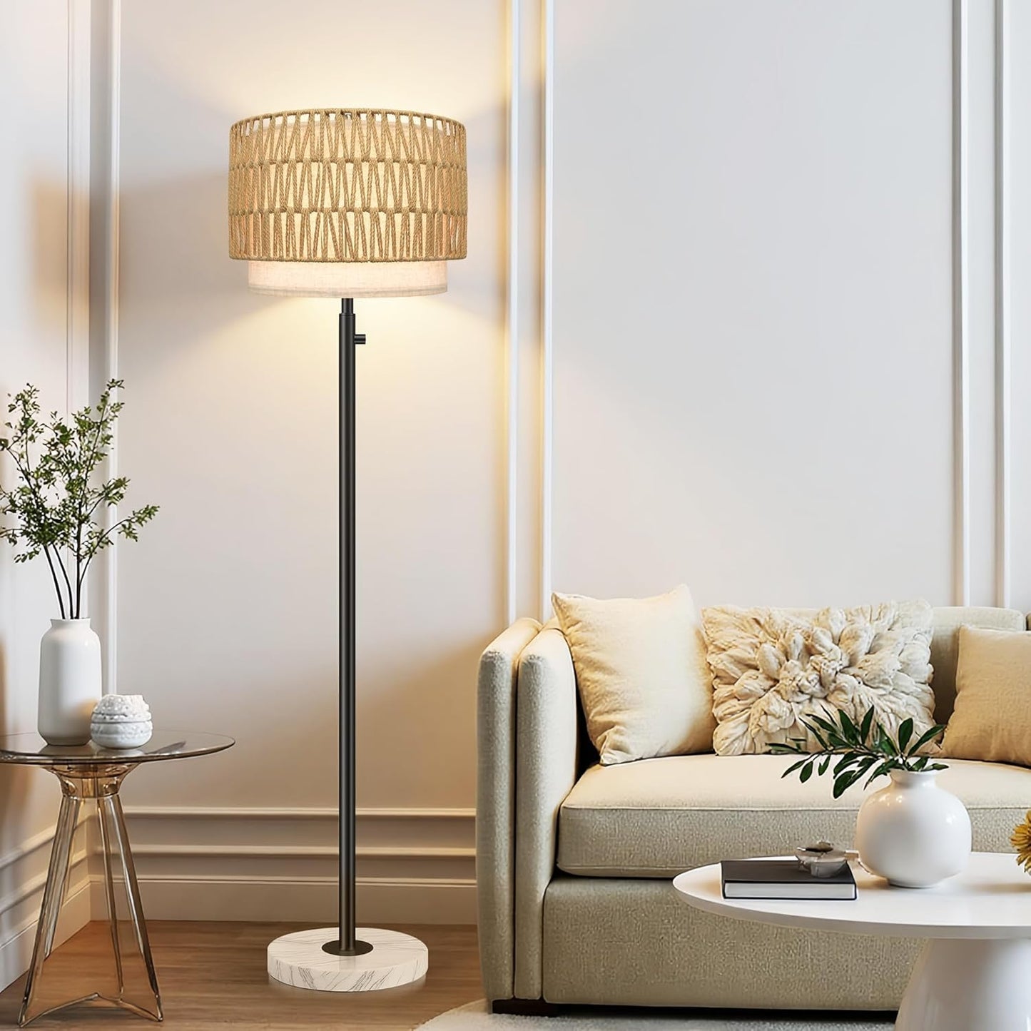 Floor Lamp for Bedroom,Dimmable Rattan Floor Lamp,Modern Standing Lamp with Marble Base,Tall Standing Lamp for Bedroom, Reading,Office & Kids' Room,LED Bulb Included(Rattan)