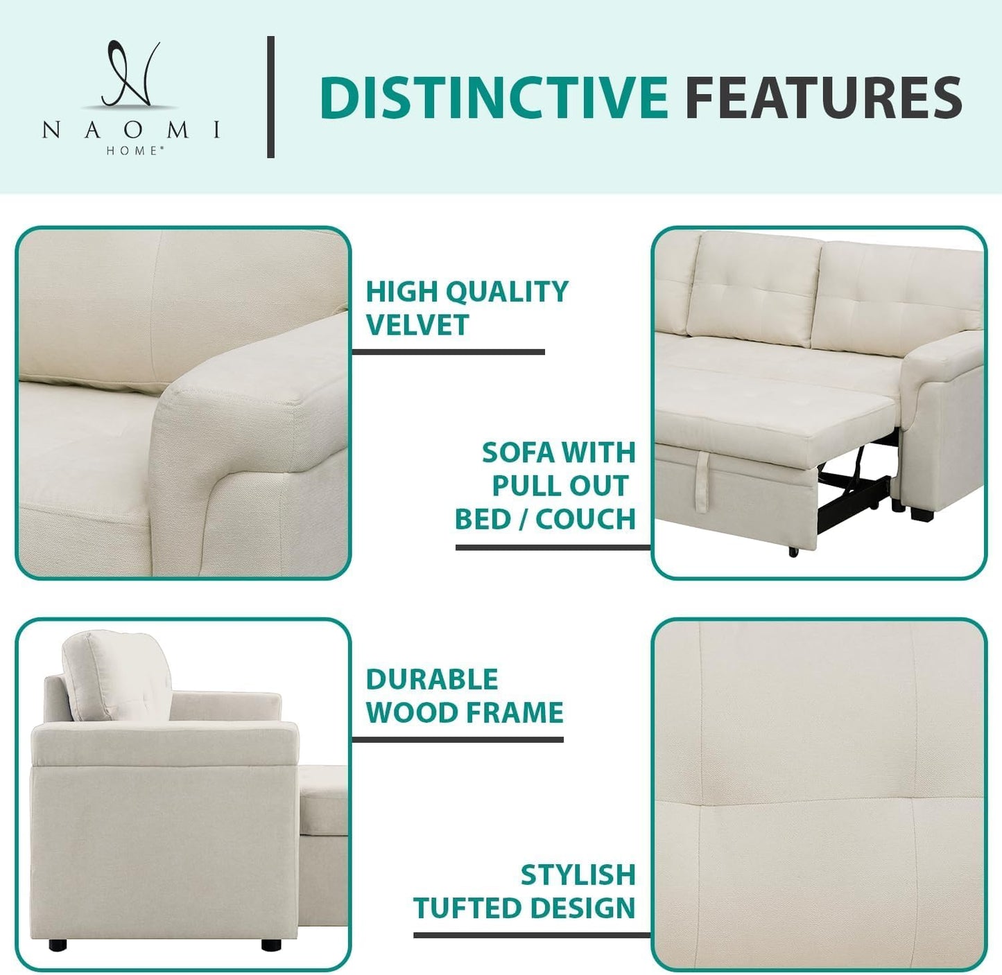 Naomi Home L-Shaped Reversible Sectional Sofa with Pull-Out Sleeper Bed and Storage Chaise, Cream Velvet