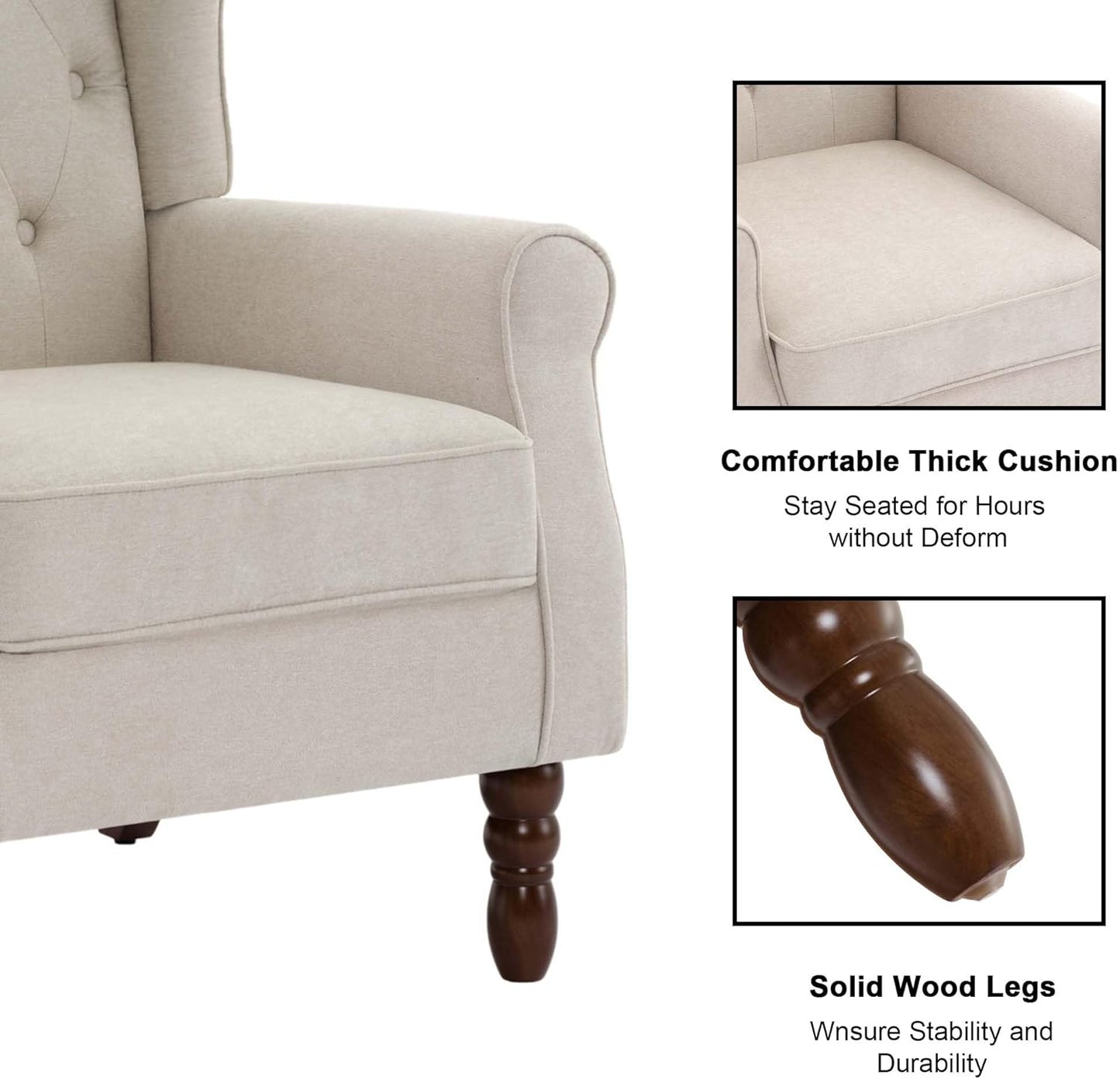 Accent Chair, Upholstered Armchair with Button Tufted High Back & Solid Wood Legs, Comfy Wingback Reading Single Sofa Chair for Small Spaces, Living Room, Bedroom