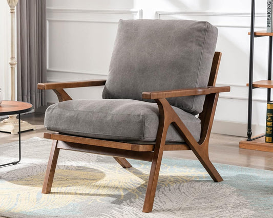 HNY Mid Century Arm Chair, Upholstered Accent Armchair with Wood Frame and Canvas Cushions, Leisure Reading Chair Slipper Chair for Living Room, Bedroom, Gray