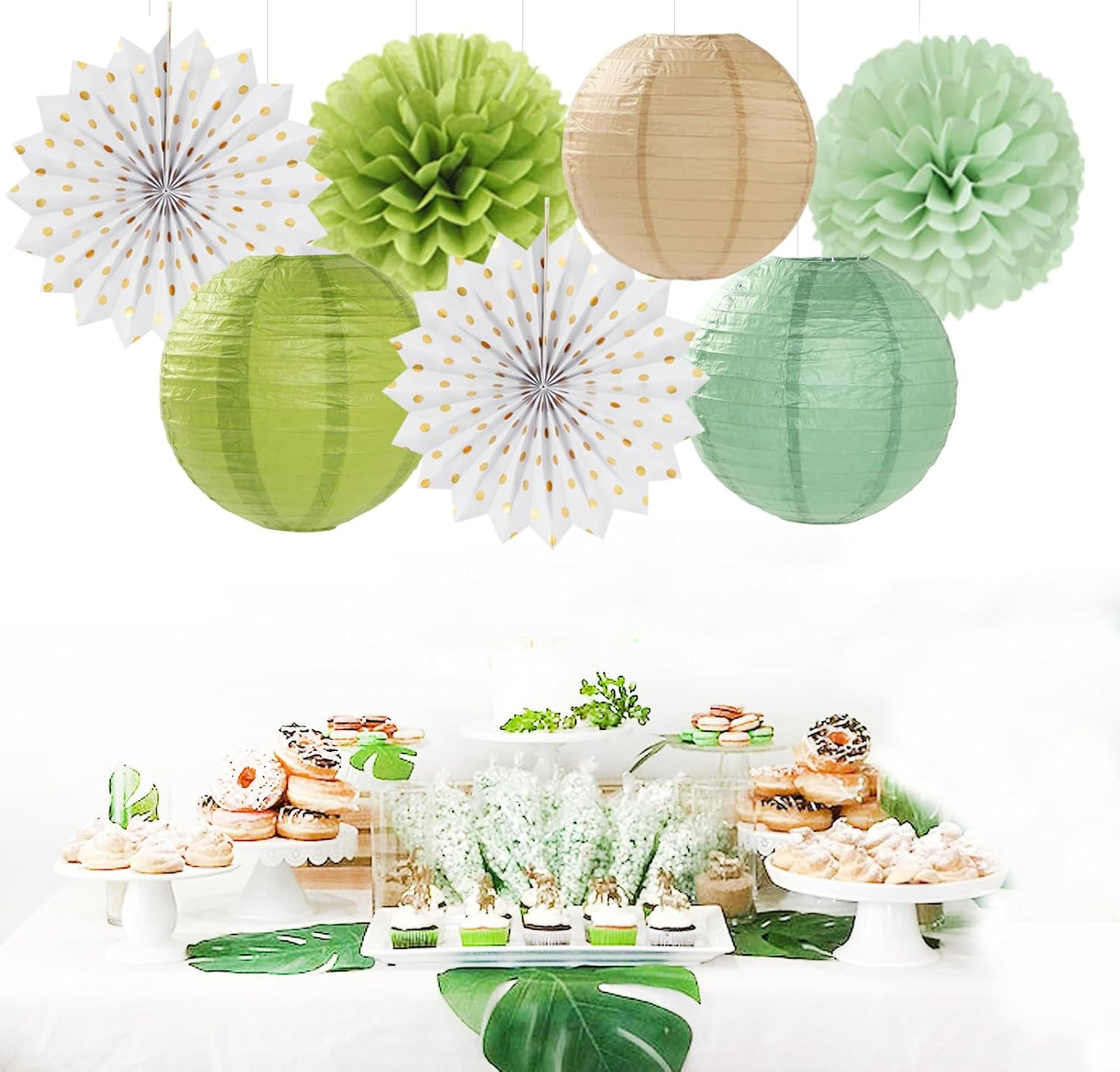 Olive-Sage Green-Boho Party-Decorations Streamers-Lanterns - 14pcs Baby Bridal Shower Wedding Paper Fan, Eucalyptus Wild Safari Jungle Birthday Tissue Pom Poms, Honeycomb Balls Decor Lasting Surprise