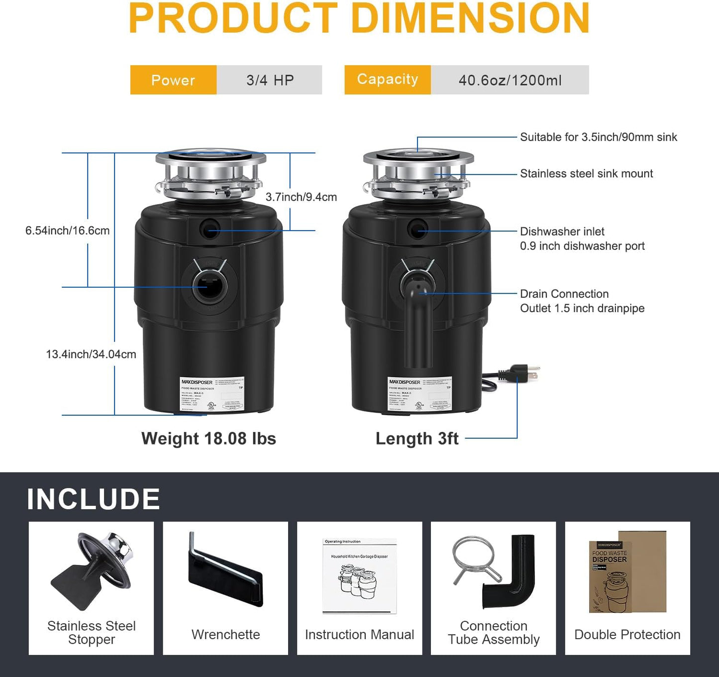 Garbage Disposal 3/4 HP Ultra Quiet powerful grinding Kitchen Food Waste Disposer with Power Cord Easy install, AC Motor Unit Continuous Feed Stainless Steel Grind 0.75 Horsepower (MAX-5)