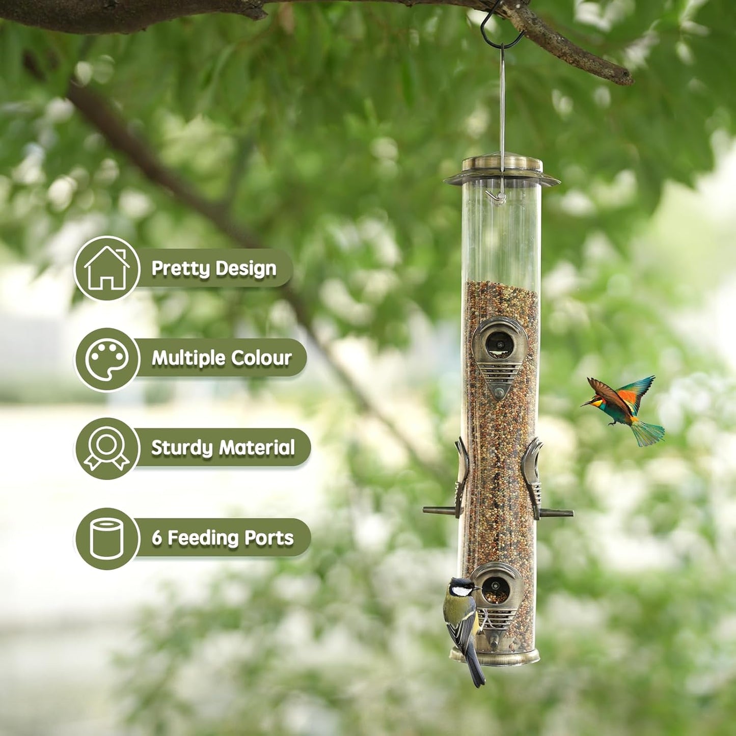 MIXXIDEA 2PK Metal Wild Bird Feeder Squirrel Proof Bird Feeders for Outside Hanging 6 Port Tube Bird Feeder Transparent Finch Feeder with Steel Hanger (Bronze)