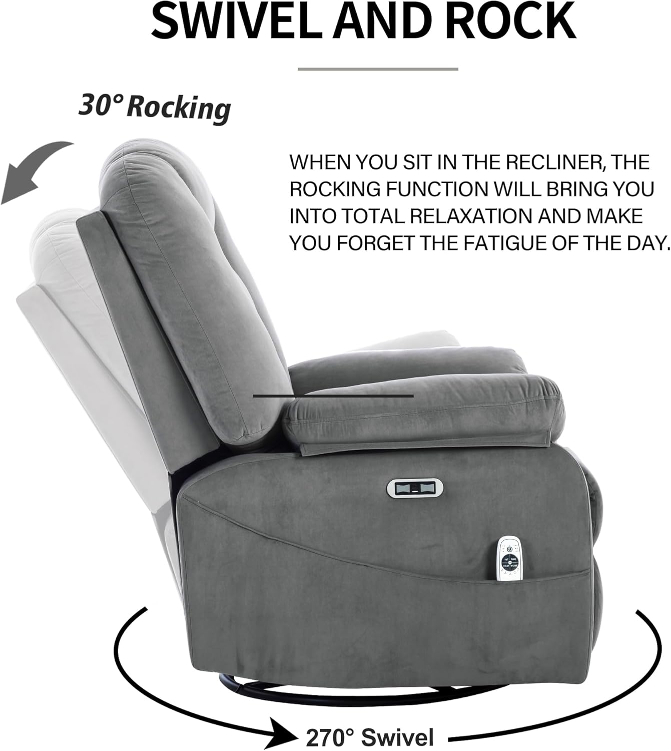Power Swivel Rocker Recliner Chair for Adults,Rocking Recliners Chairs with Massage and Heat for Living Room, Electric Fabric Reclining Sofa Chair with USB and Type-C Port (Gray)