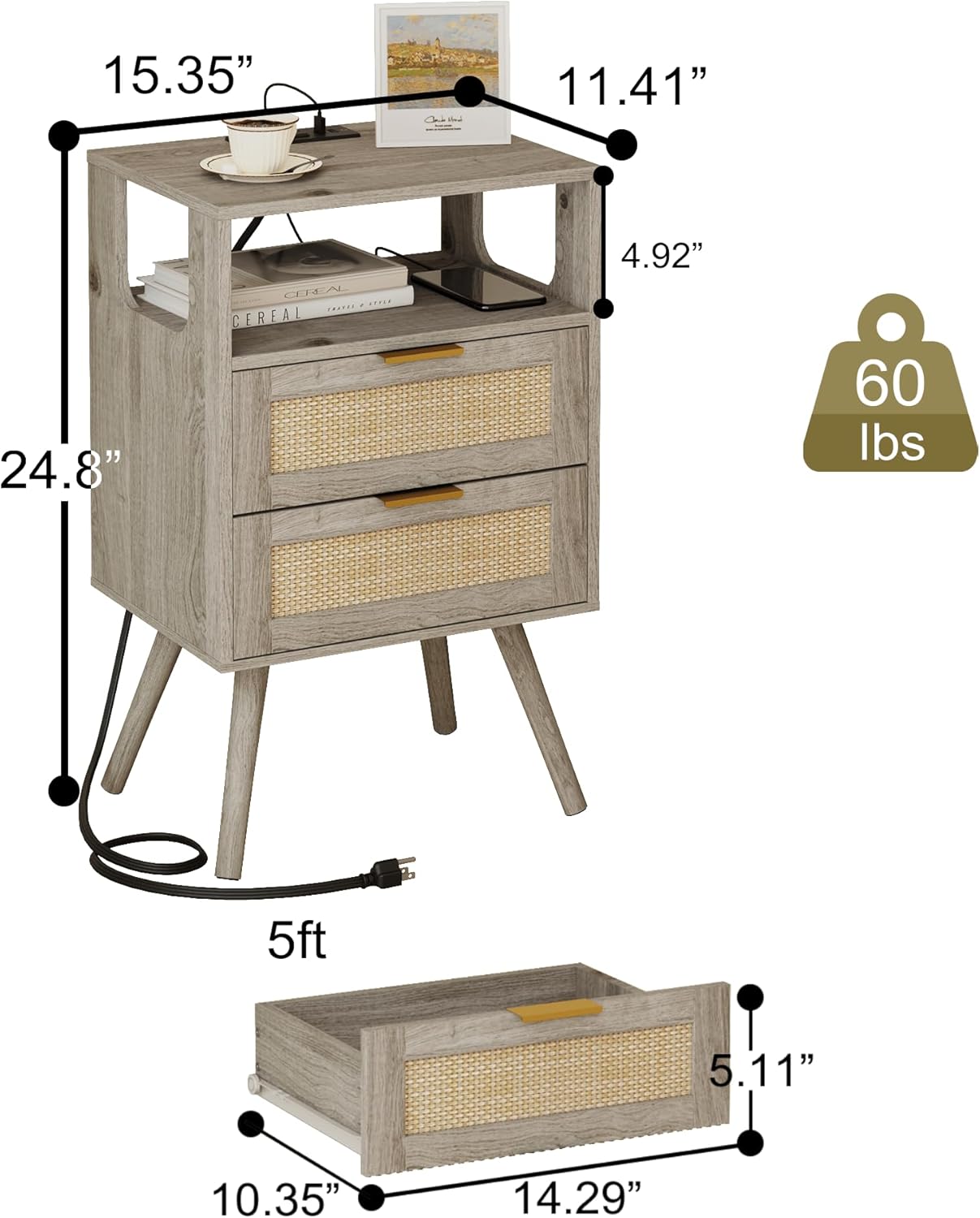 Rattan Nightstand with Charging Station,Modern Bedside Table with 2 Storage Drawer and Open Wood Shelf, for Bedroom and Small Spaces,Night Stand with Solid Wood Legs (Grey Oak)