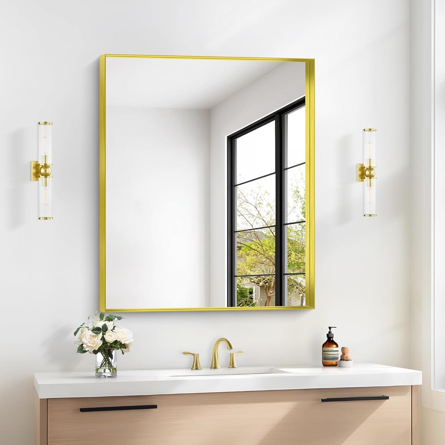Gold Bathroom Mirror, 30x36 Inch Rectangular Framed Mirror, Large Wall Mounted Bathroom Vanity Mirror Over Sink for Bedroom,Restroom, Living Room, Hangs Vertically or Horizontally