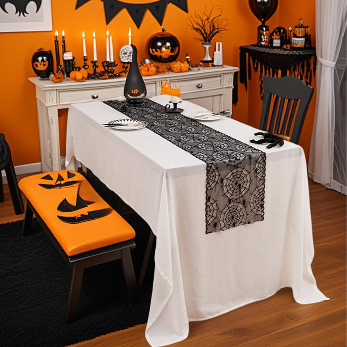 Halloween Lace Table Runners Black Gothic Spider and Cobweb Designs Lace Tablecloth Decorations Autumn Indoor Party Tabletop Cove for Halloween Decor Fireplace Mantel Scarf