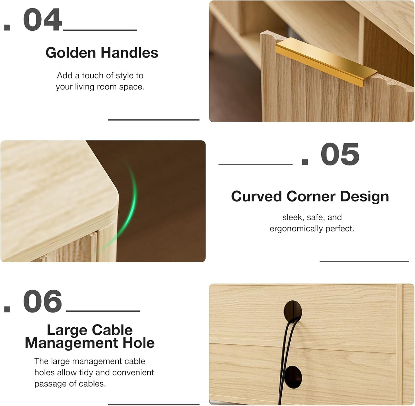 TV Stand for Living Room, Boho Entertainment Center for 55/60/65 inch TVs, Media Console with Fluted Door Cabinets and Open Shelves, for Bedroom, Oak