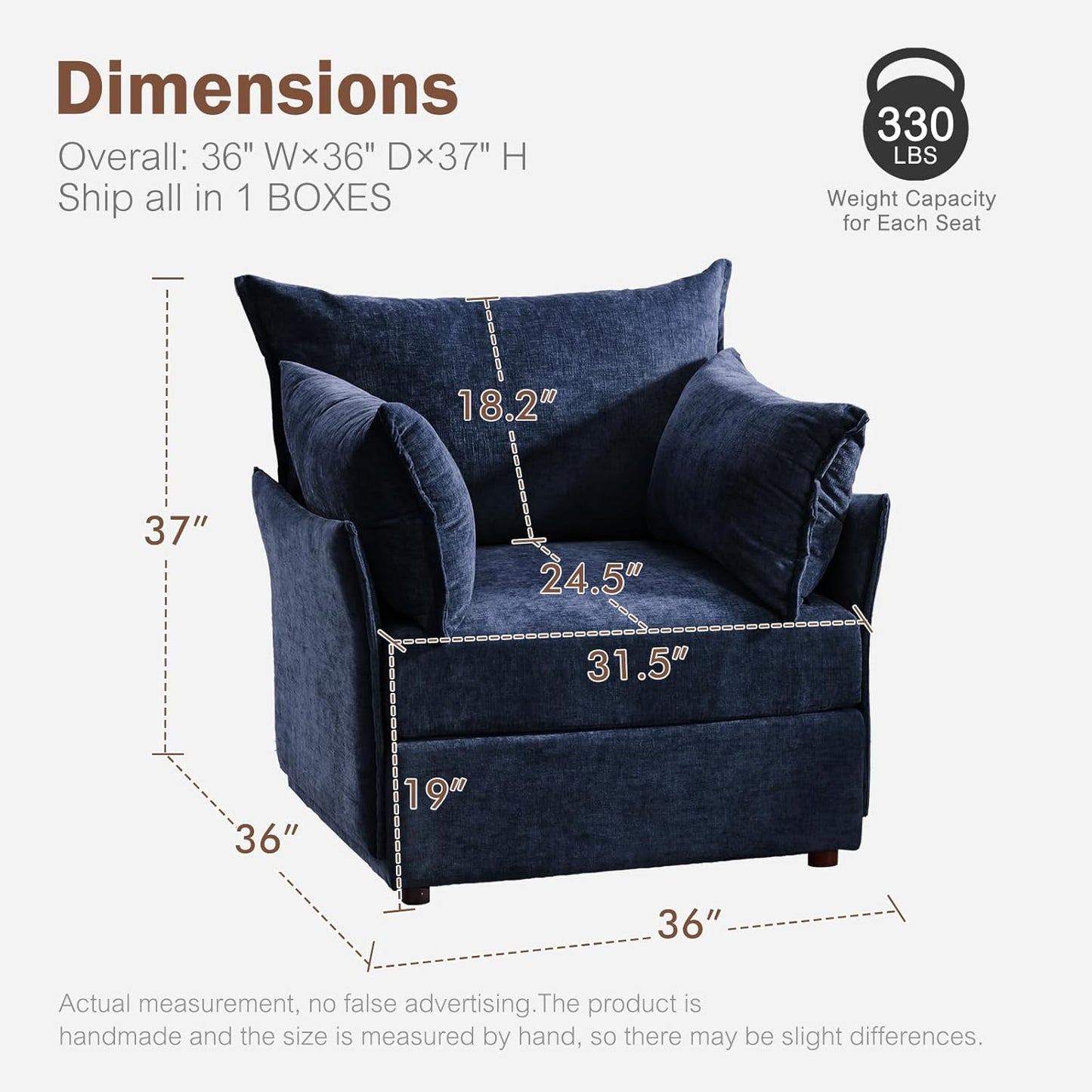 Oversized Accent Chair, Upholstered Modern Sofa Chair with Removable Backrest & Detachable Cover, 24.5" Deep Seat Large Reading Armchair for Living Room Bedroom Office - Chenille Blue Set of 2