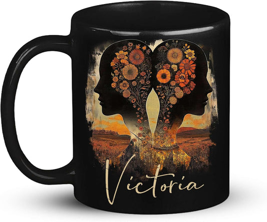 Personalized Autumn Landscape Black Cup, Custom Name Coffee Mug 11oz 15oz, Custom Floral Silhouette Ceramic Cup, Gifts for Women, Zodiac Inspired Coffee Mug, Gifts for Birthday