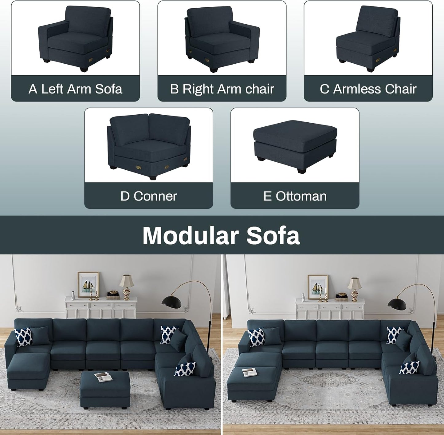 L Lengend Vansen Modular Sectional Sofa U Shaped Couch with Ottoman Modern Reversible Corner Sectional Couch for Living Room (Charcoal, U Shaped Sofa-5)