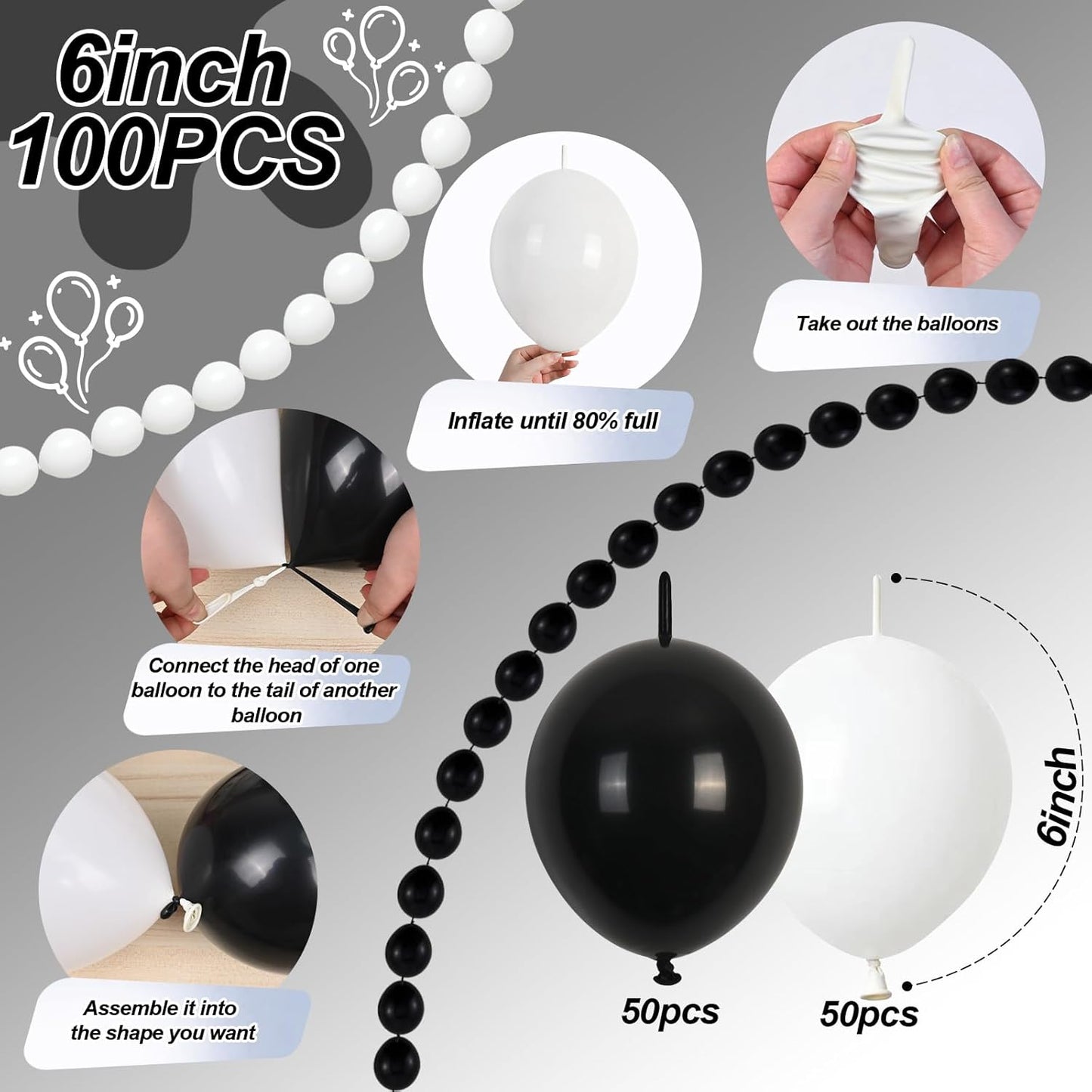 Black and White Quick Link Balloons, 100PCS Latex Linking Balloons for Making Balloon Wall Balloon Arch Balloon Chains and Wedding Birthday Baby Shower Engagement Graduation Party Decorations (6inch)