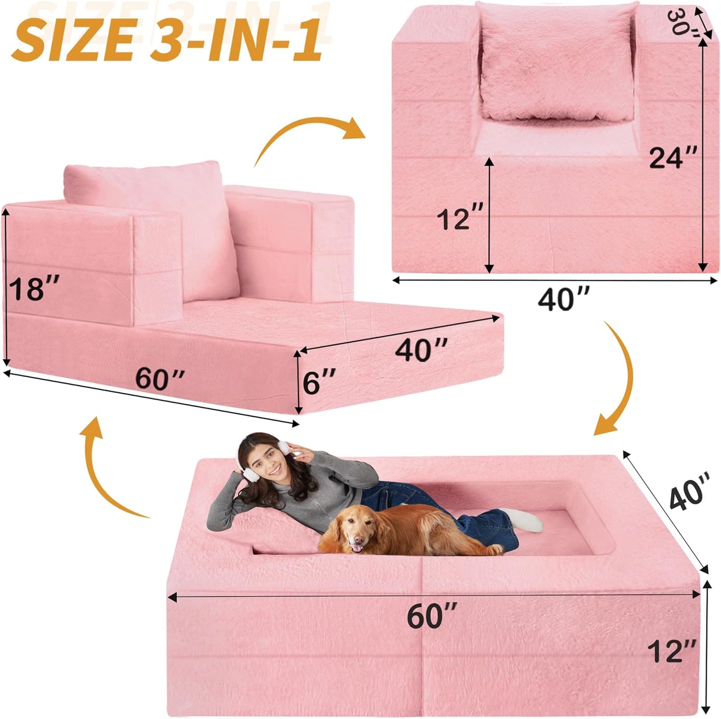 Folding Bean Bag Chair for Adults,3-in-1 Bean Bag Couch Faux Fur Floor Sofa Large Beanbag Convertible Bean Bag Sofa Bed with Pillow in Bedroom,Living Room,Apartment(Twin,Pink)