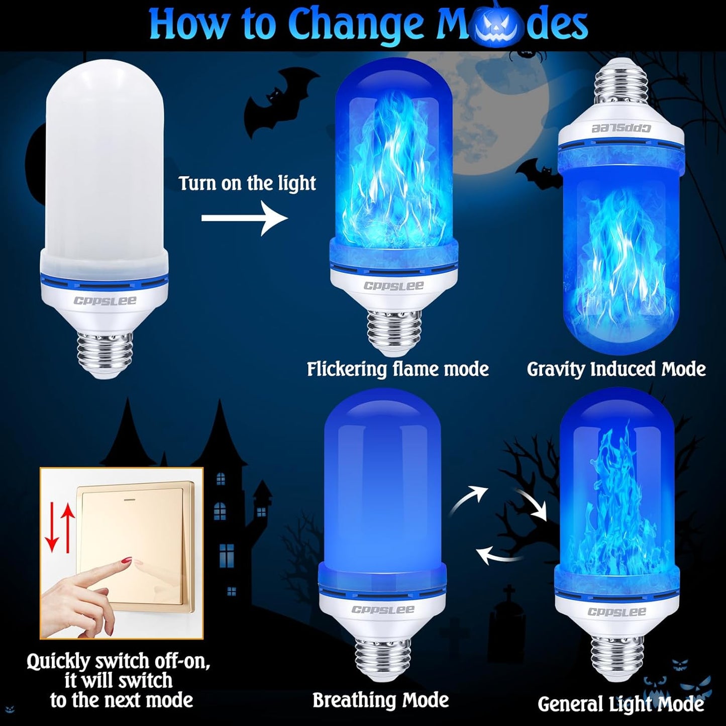 CPPSLEE Upgraded LED Flame Light Bulbs, 4 Modes Flickering Light Bulbs, E26 Base Fire Flame Bulb for Halloween Decorations Outdoor, Christmas Lights Patio Indoor Home Decor (Blue, 4 Pack)