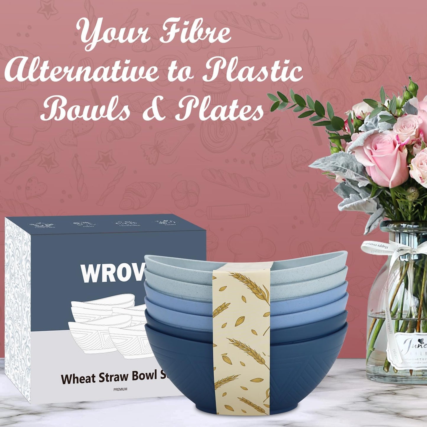 65oz Big Wheat Straw Bowls - Large Salad Bowls set of 6 - Unbreakable Serving Bowls - Microwave & Dishwasher Safe - Oval Bowls for Cereal,Salad,Fruit - Ocean Series