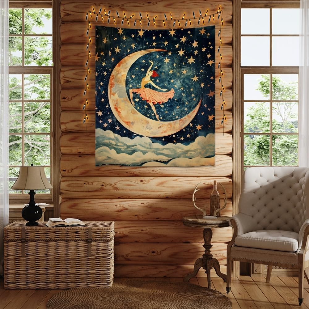 Dancer on the Moon Tapestry Starry Night Sky Art Print Dark Academia Gothic Aesthetic Wall Hanging Stars Moon Clouds Tapestries Whimsical Wall Decor for Nursery Bedroom 60x80inch