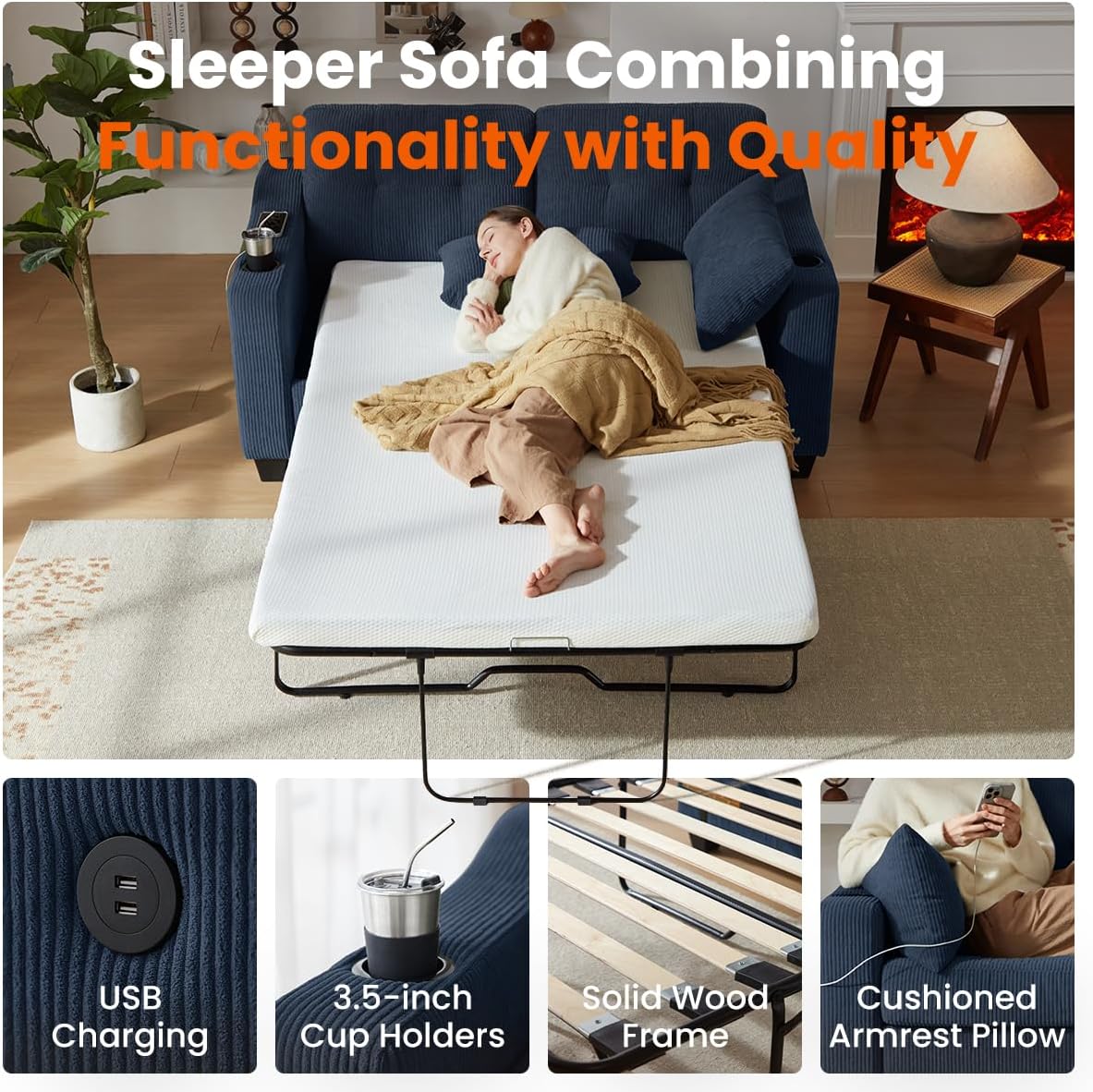 Pull Out Sofa Bed, Full Size Sleeper Sofa, 2-in-1 Convertible Corduroy Couch with USB Charging, Memory Form Couch for Living Room, Apartment and Small Space (Navy Blue, Corduroy - Full Size)