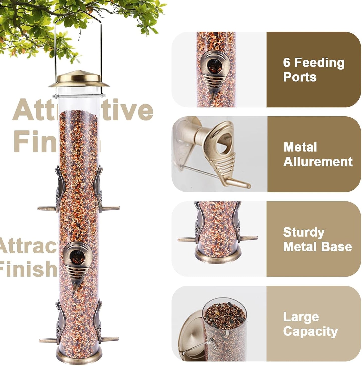 MIXXIDEA 1PK Metal Bird Feeders with 6 Feeding Ports,Tube Bird Feeder with Steel Hanger,Hard Plastic Wild Bird Feeder for Outdoors Hanging, Attracting Birds in Your Lawn, Garden, Balcony–Bronze