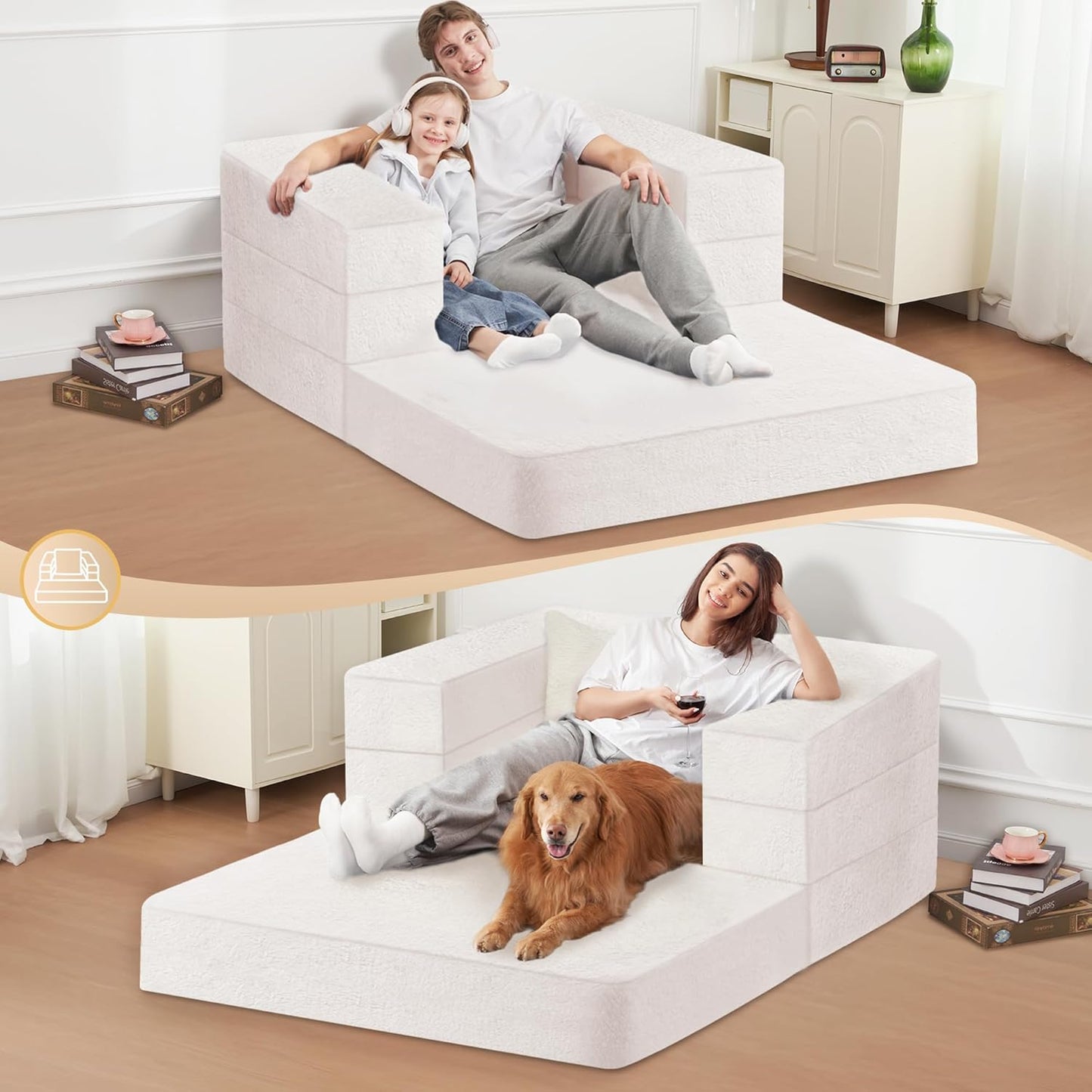 Folding Bean Bag Chair for Adults,3-in-1 Bean Bag Couch Faux Fur Floor Sofa Large Beanbag Convertible Bean Bag Sofa Bed with Pillow in Bedroom,Living Room,Apartment(Twin,Milky White)