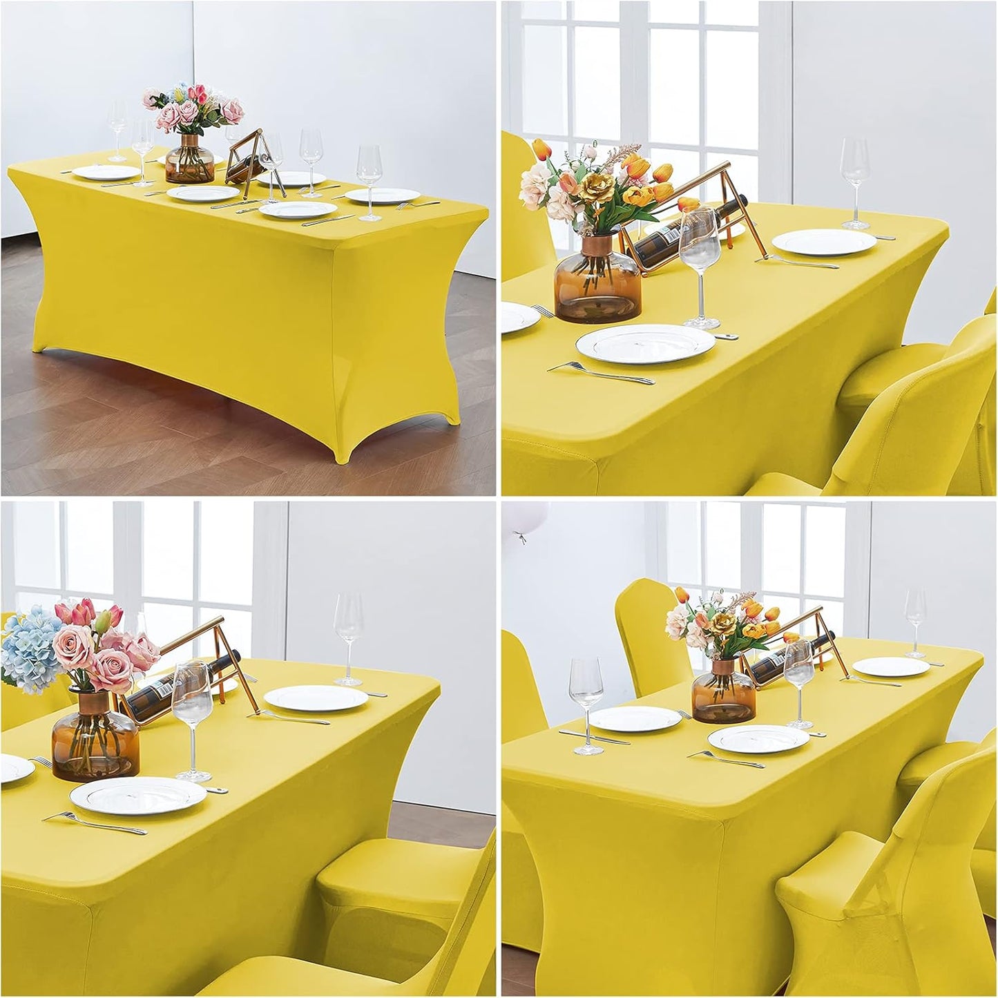 CWK 8FT Waterproof Stretch Spandex Table Cover for Rectangular Tables - Elastic Fitted Tablecloth for Folding Tables,Wrinkle Resistant Table Cloth for Parties, Weddings, Banquets & Events(Yellow)
