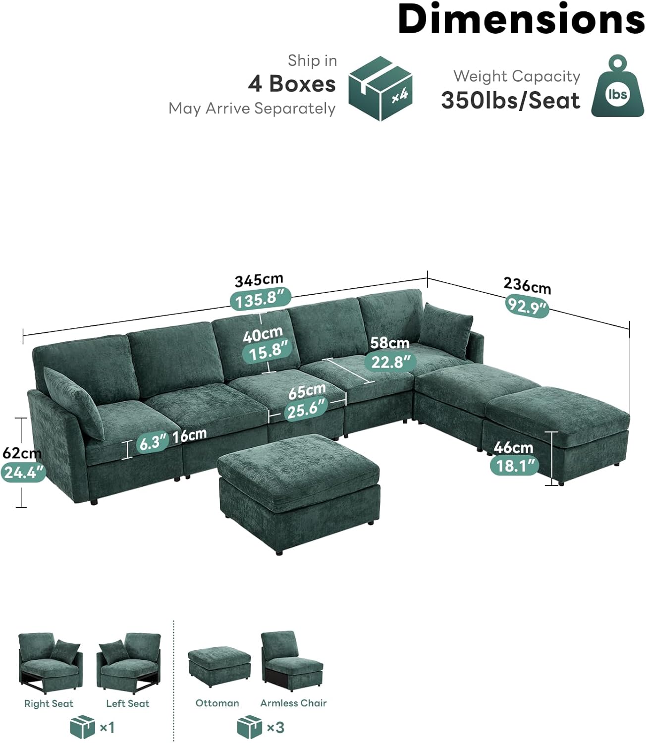 Tbfit L Shaped Couch 8 Seat, Sectional Sofa for Living Room,Chenille Cloud Couch with Ottoman, Green