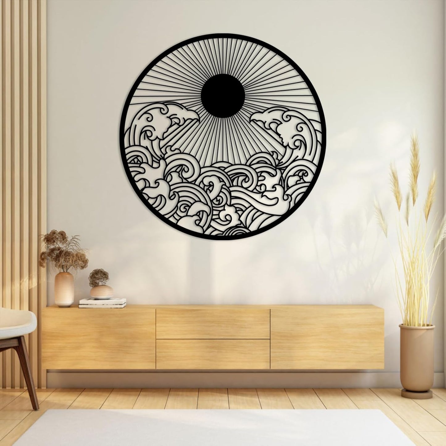 flyoak Metal Sun Wall Decor Outdoor, Sunrise Metal Wall Art, Metal Wave Wall Art, Sunrise and Wave Wall Decor, Sunburst Wall Art, Sunset Wall Art, Wall Hangings for Bedroom (Gold, 30x30in|76x76cm)