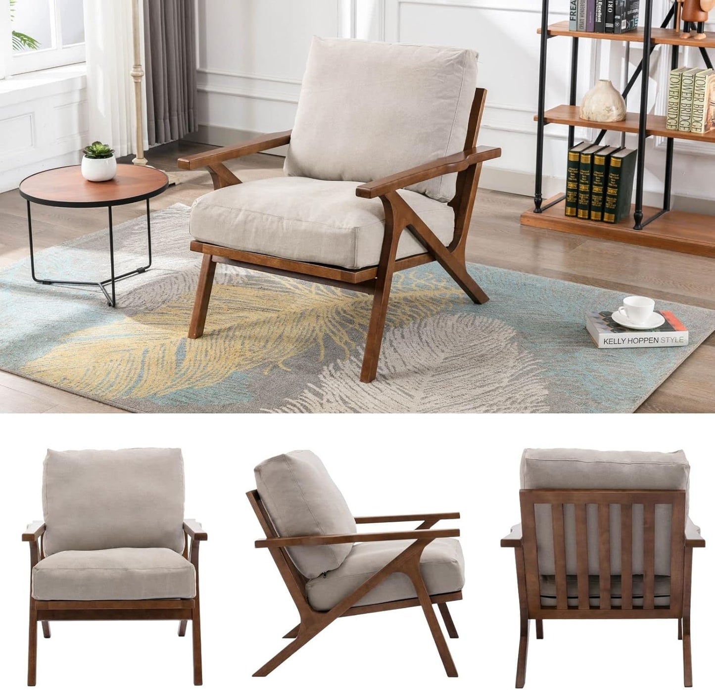 HNY Set of 2 Mid Century Accent Chair, Faux Leather Upholstered Armchair with Wood Frame and Canvas Cushions, Leisure Reading Chair Slipper Chair for Living Room, Bedroom, Beige