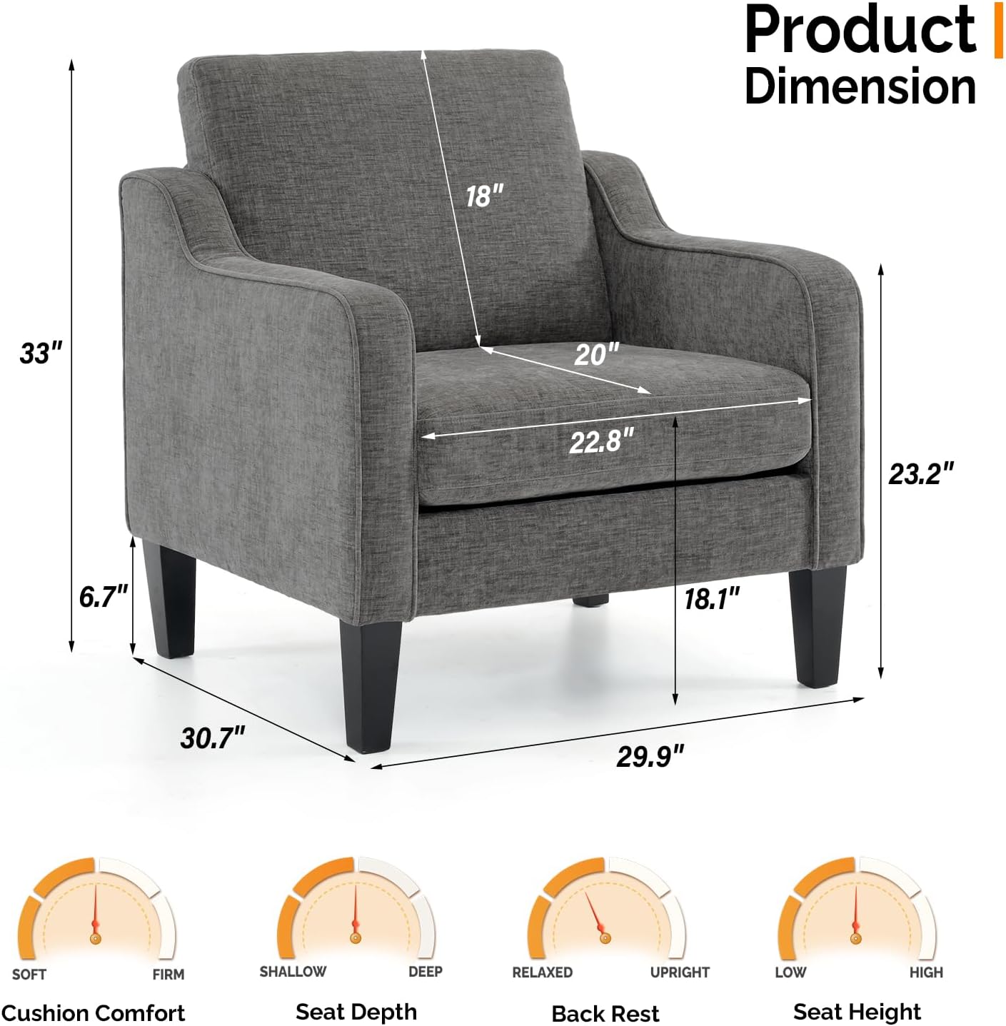 VINGLI Accent Chairs Set of 2 for Living Room, Light Grey Mid Century Modern Chair Soft Chenille Sofa Chair Upholstered Comfy Arm Chairs for Bedroom, Play Room, Apartment