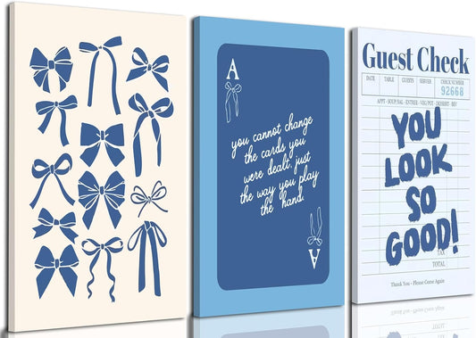 Blue Preppy Wall Art Framed Set of 3 Trendy Navy Bow Posters Retro Guest Check Canvas Prints Poker Painting Minimalist Positive Quote Picture Room Decor Aesthetic for Living Room Dorm Apartment16x24in