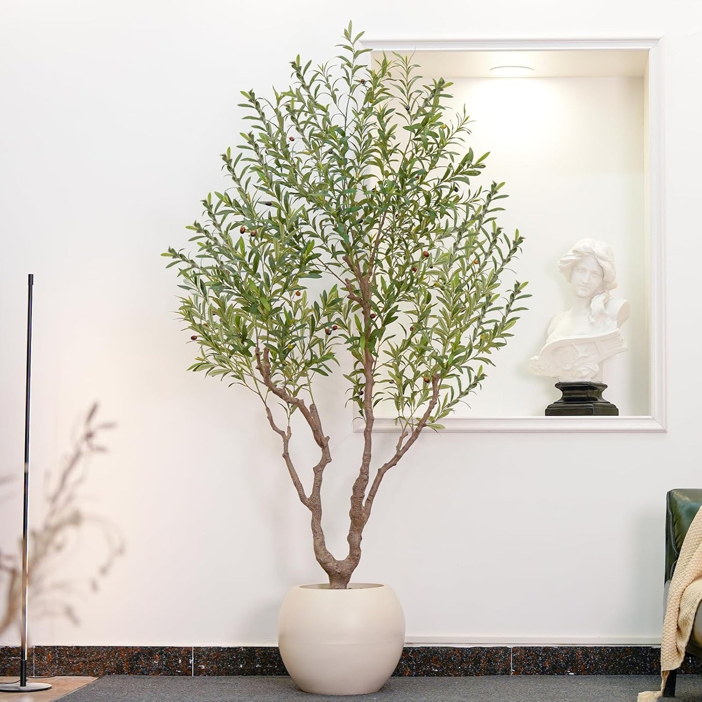 Olive Tree Artificial Indoor, 8FT Tall Faux Olive Tree with 18in Round White Planter, Artificial Plants with Natural Wood Trunk and Lifelike Fruits for Home Office Decor