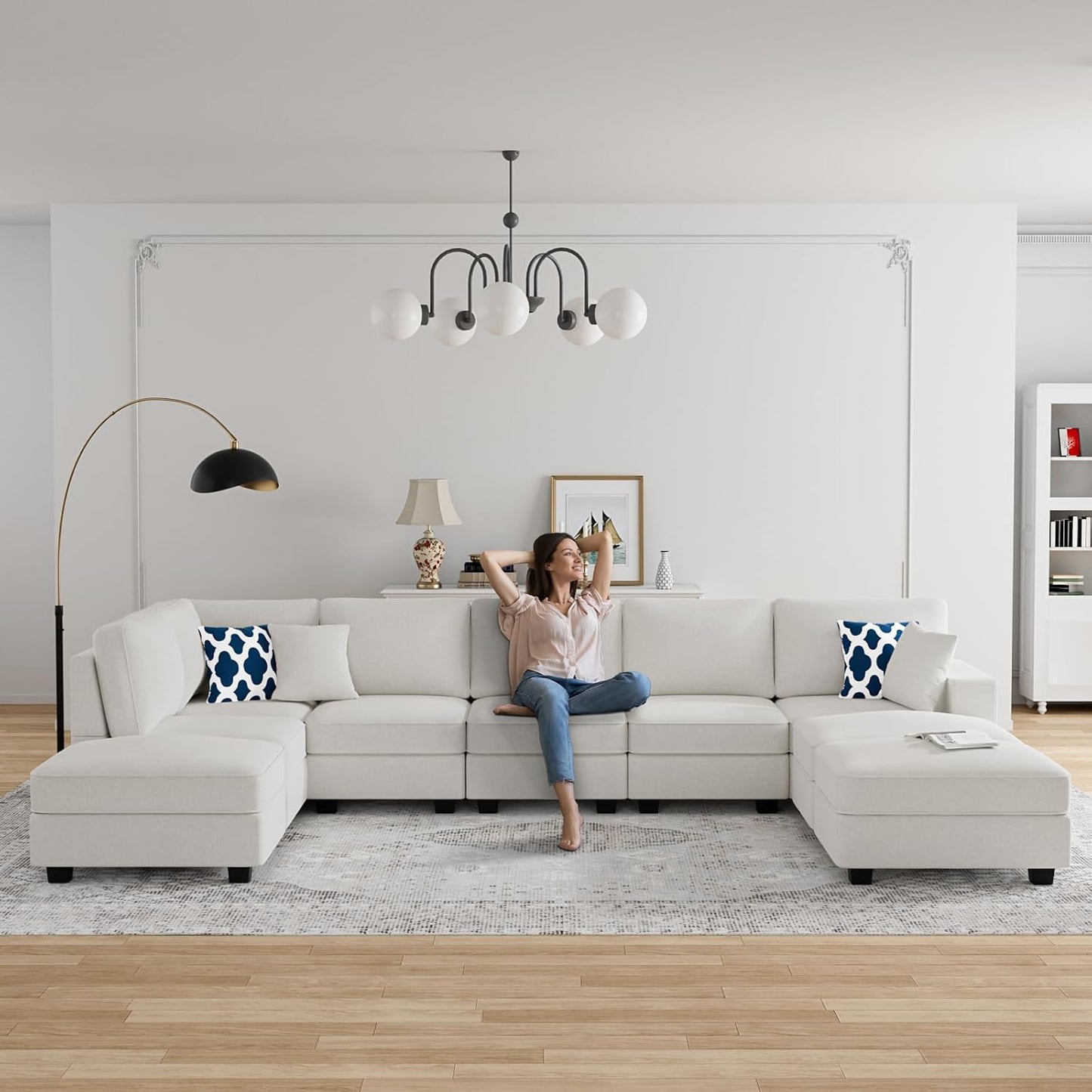 L Lengend Vansen Modular Sectional Sofa U Shaped Couch with Ottoman Modern Reversible Corner Sectional Couch for Living Room (Cream, U Shaped Sofa-4)