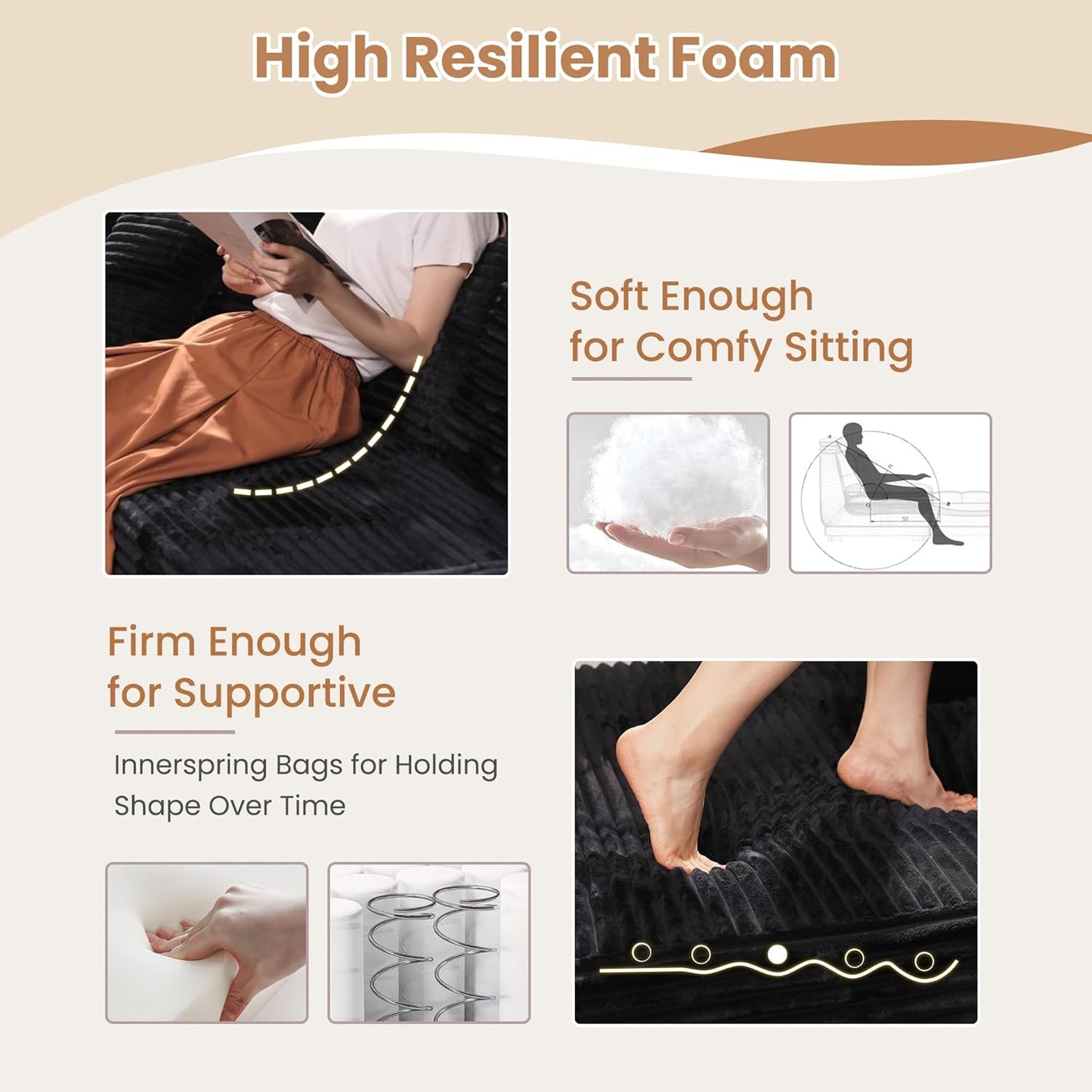 HOOOWOOO Cloud Sectional Couches for Living Room,Modular Sectional Sofa No Assembly,136X133 Inch Plush Corduroy Large G Shaped Floor Couch Set with Deep Seat Chaise Ottoman(Black)