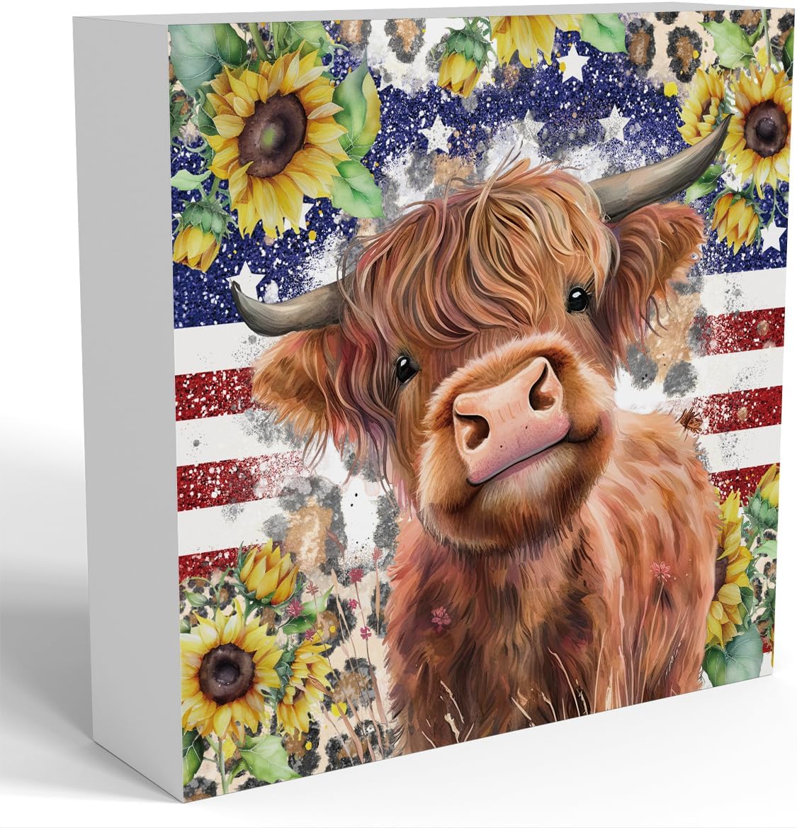 Cute Highland Cow Patriotic Baby Decor, Highland Cow Sunflower Decor, Wooden Box Decor Sign for Home Farmhouse Office Living Room Table Shelf