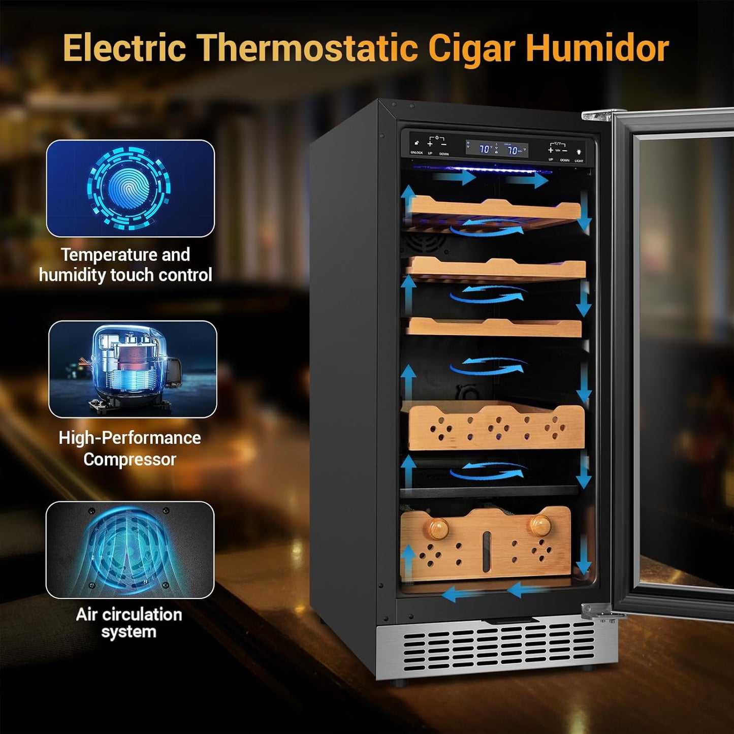 Electric Cigar Humidor,15 Inch Upgraded Large Capacity Electric Cigar Cabinet with Powerful Compressor, Digital LED Screen, Safety Lock,Smart Temperature Control,Father's Day Gift for Men