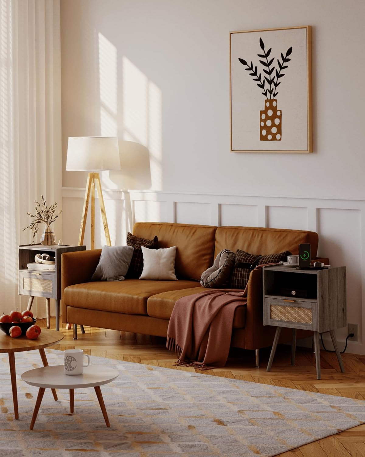 Rattan Nightstand with Outlet,Modern Bedside Table with Storage Drawer and Open Wood Shelf, for Living Room, Bedroom and Small Spaces, Accent Night Stand with Solid Wood Legs,Grey Oak